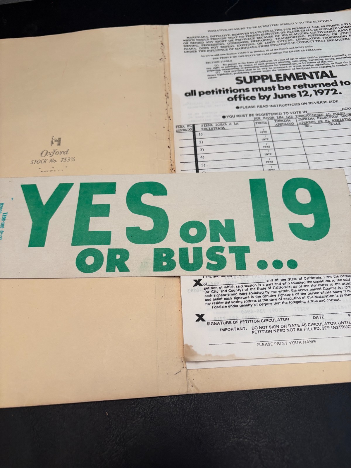 Vintage 1972 California Prop 19 Marijuana Legalization Petition & Bumper Sticker Vintage 1972 California Prop 19 Marijuana Legalization Petition & Bumper Sticker