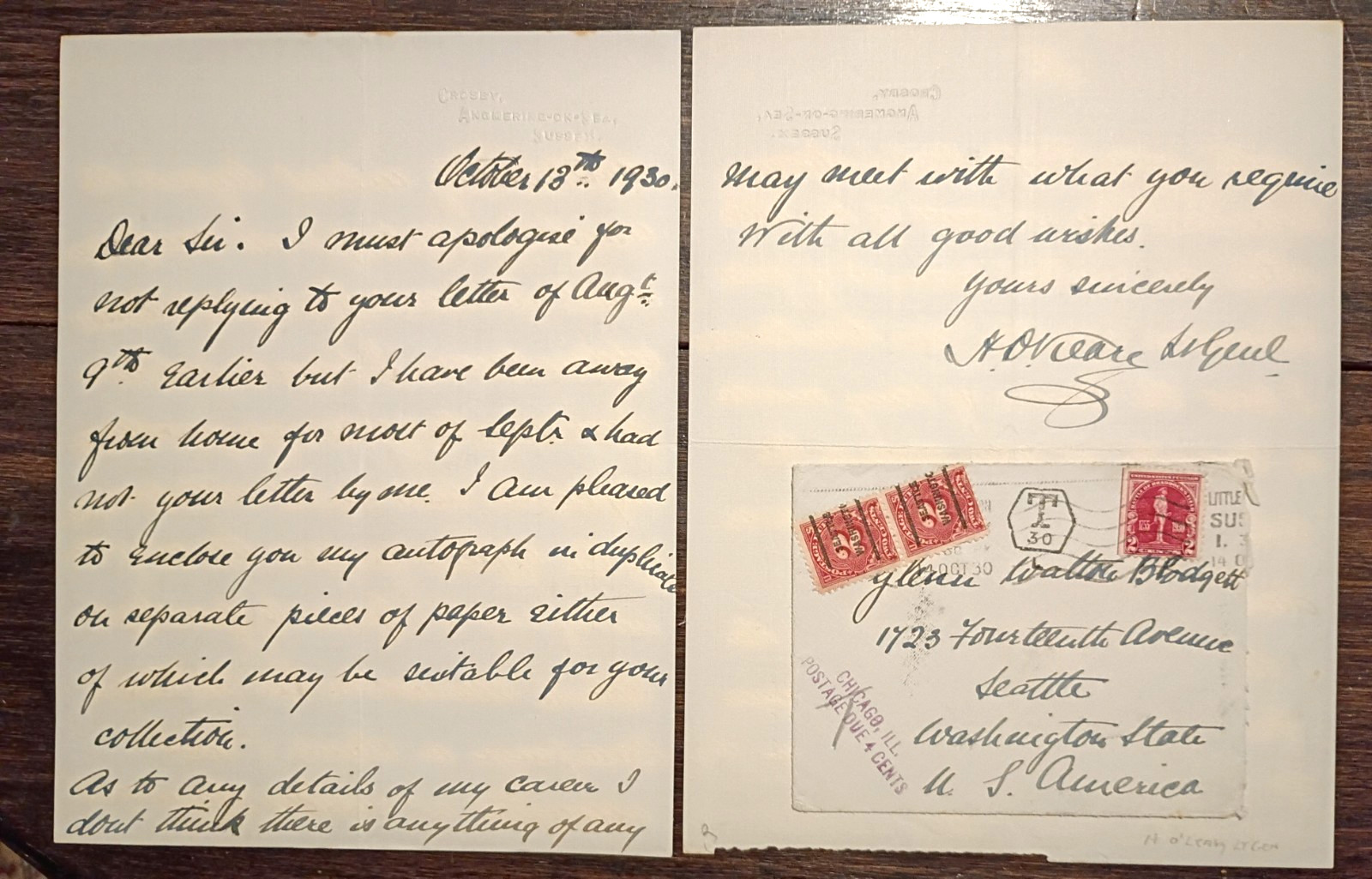 Lt-Gen. H. O'Leary (1868-1934) Signed Letter RE: Boxer Rebellion / Yellow Dragon