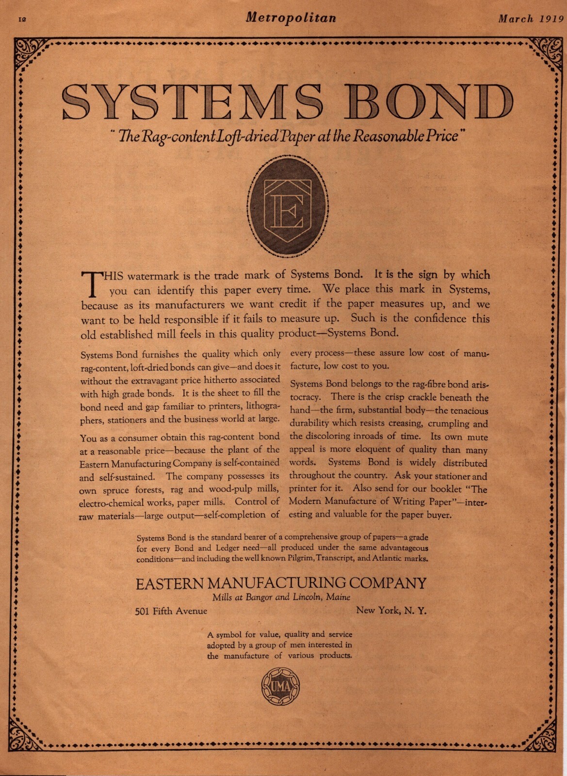 1919 Eastern Manufacturing Co Print Ad Systems Bond Rag Content Loft Dried Paper