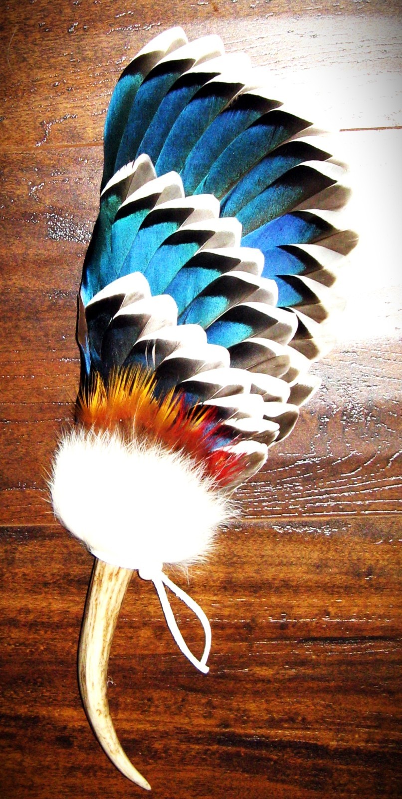 BLUE DRAKE NATIVE AMERICAN SMUDGE FEATHER FAN ANTLER 16