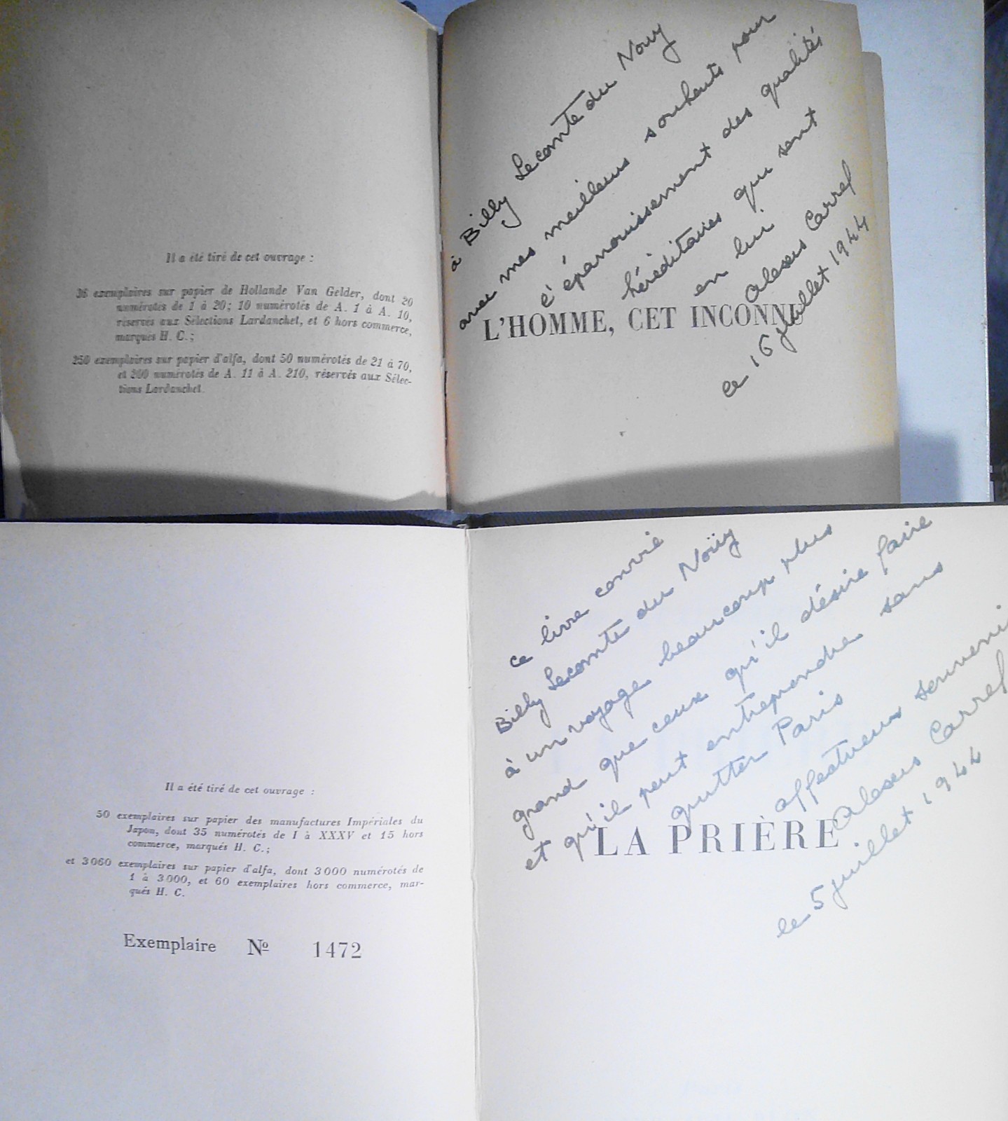PAIR SIGNED 1944 Alexis Carrel [Nobel Prize] Inscribed To Pierre Lecomte du Nouy