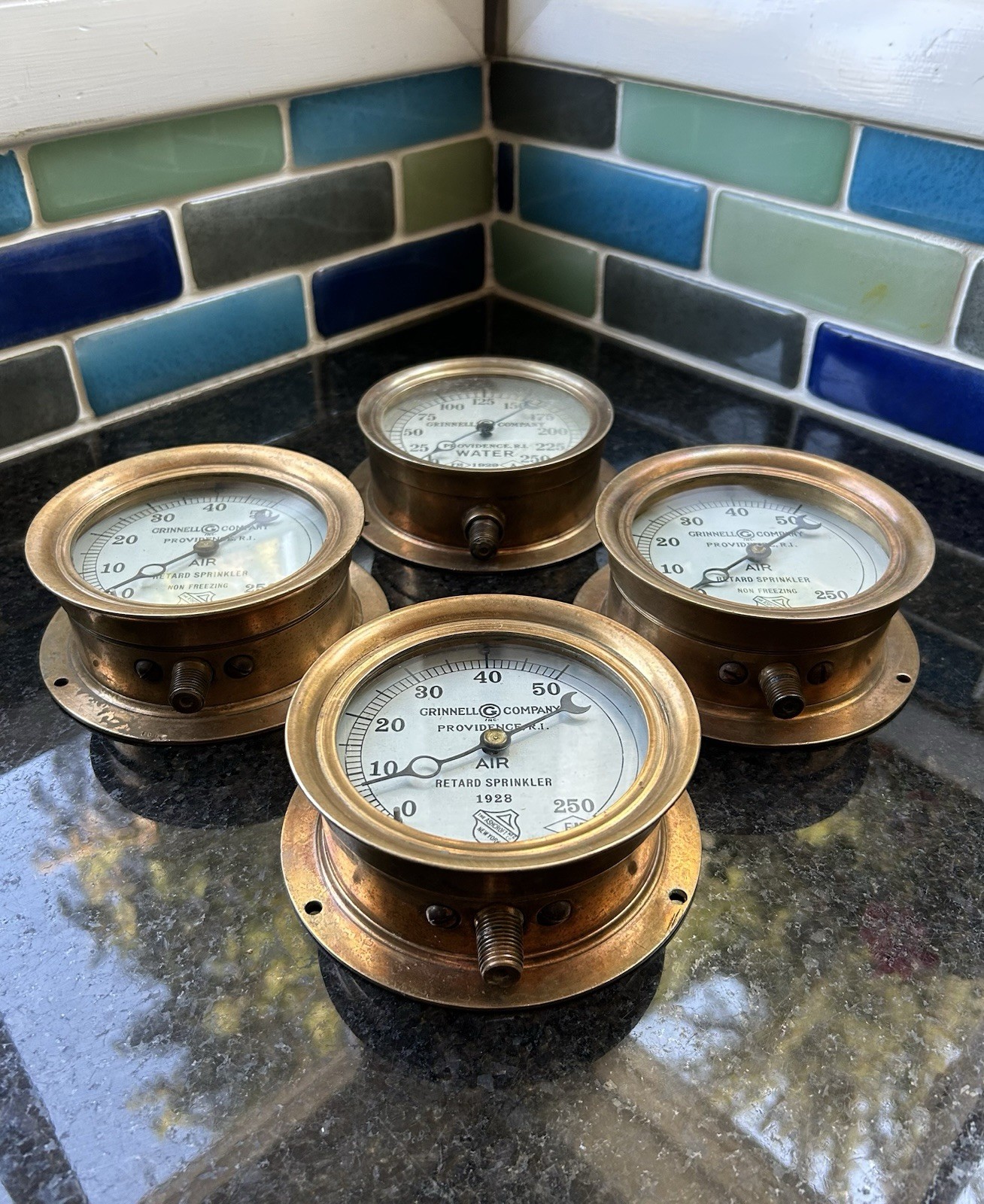 Antique Brass Water Air Sprinkler Gauge Set 4 Grinnell Co 1928 1929 Wow