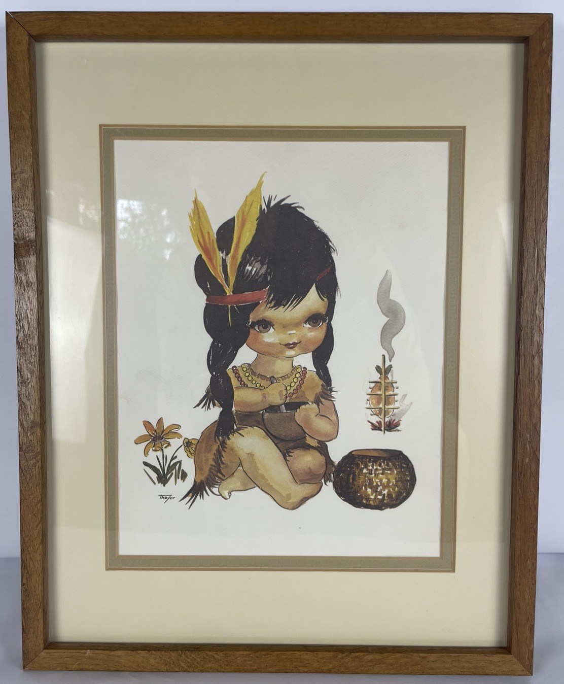 VTG MCM Big-Eyed Native American Thanksgiving Lithography Print Framed by Thayer VTG MCM Big-Eyed Native American Thanksgiving Lithography Print Framed by Thayer