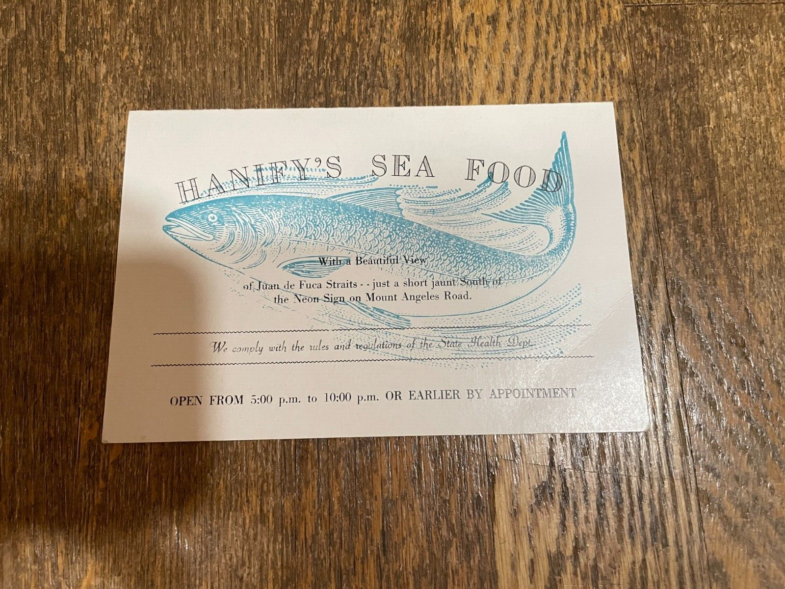 Hanify\'s Seafood Restaurant Menu Port Angeles Washington Seattle 1950\'s 1960\'s