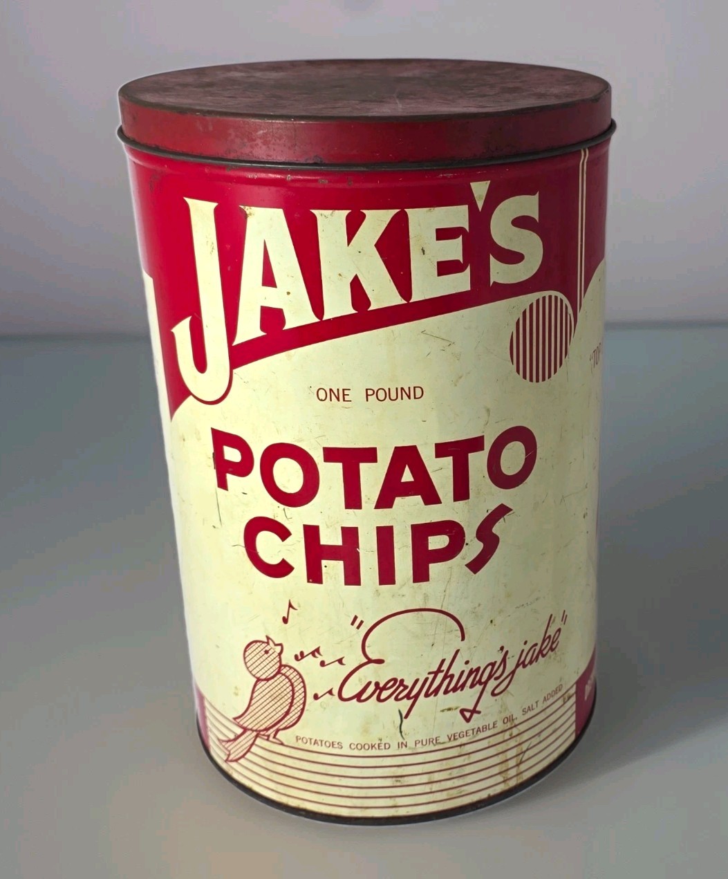 Vintage 1930s Jake's Potato Chips 1 Lb Tin Drennon Atlanta GA Advertising w/ Lid