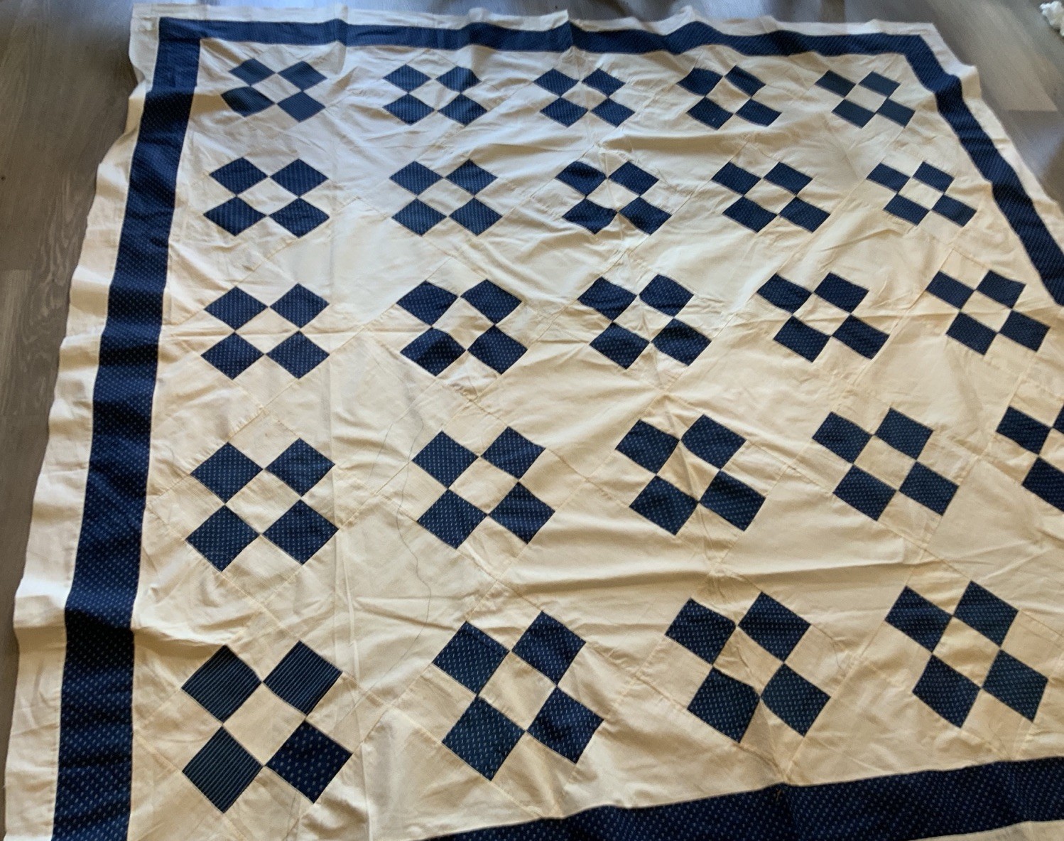 Antique Patchwork Quilt Top, Early 1900’s, Nine Patch, Navy Blue & White
