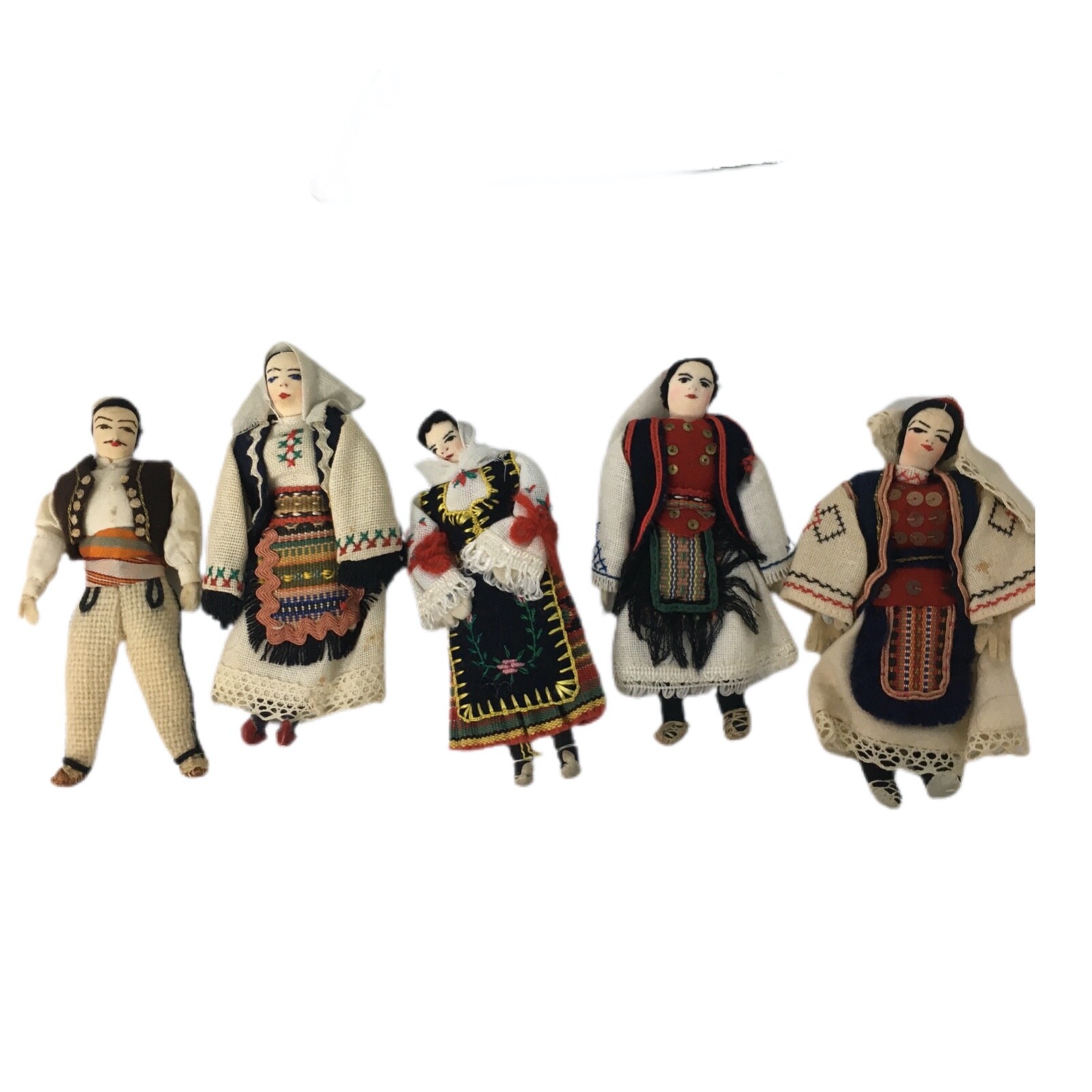 Folk Art Cultural Dolls Set 5 Cloth Handmade Embroidery Ethnic Clothes Vintage