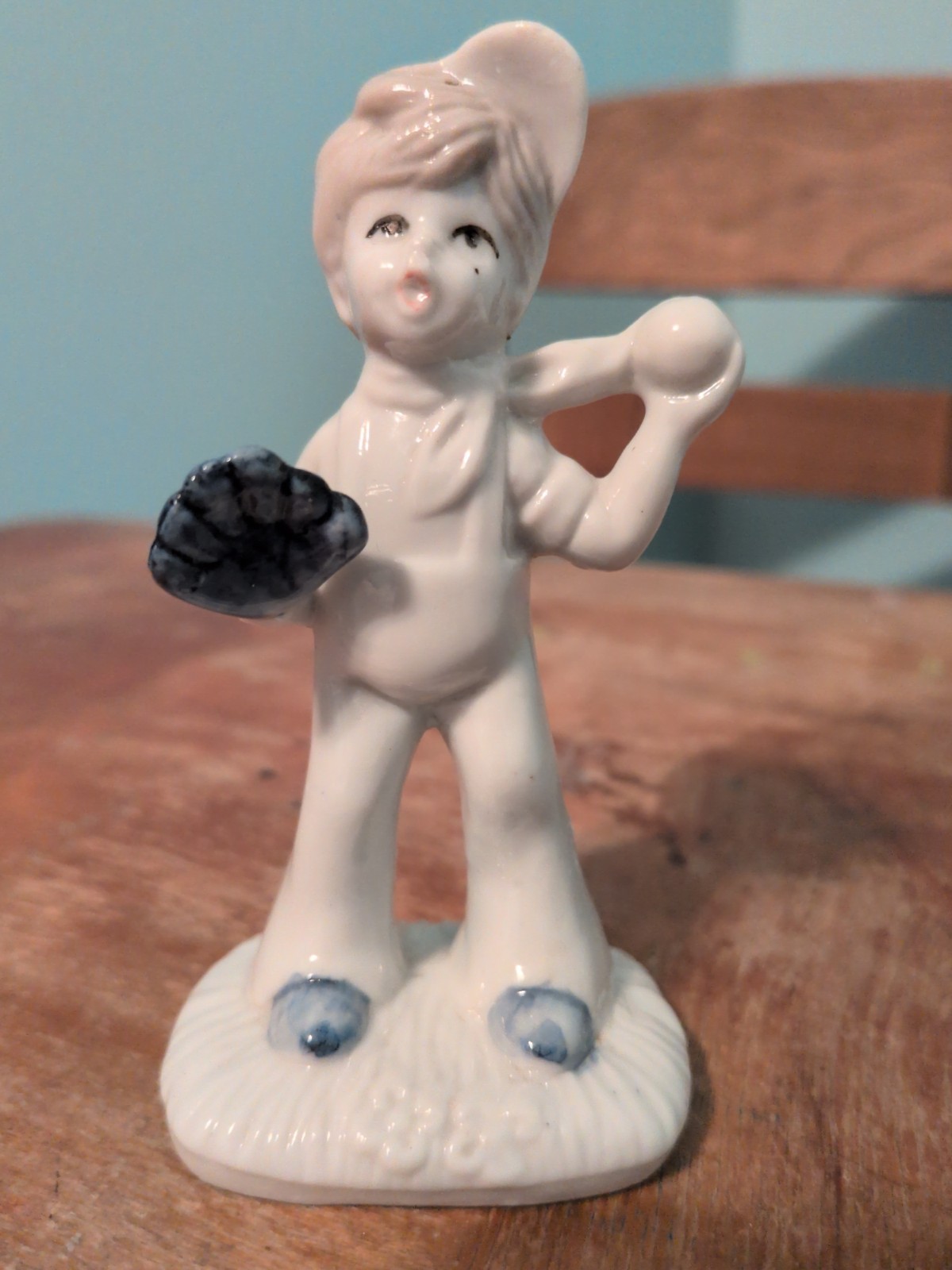 Vintage Action Industries Blue & White Porcelain Baseball Boy Figurine No. 7870