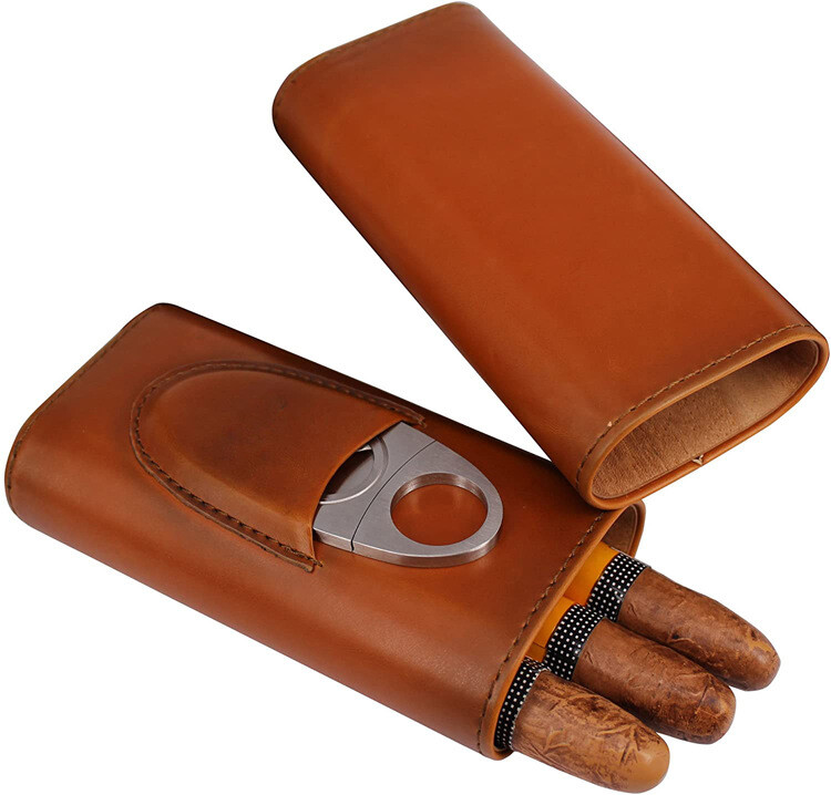 Cigar Case include Cutter Cigar Travel Case 3-Finger Leather Cigar Carrying Case