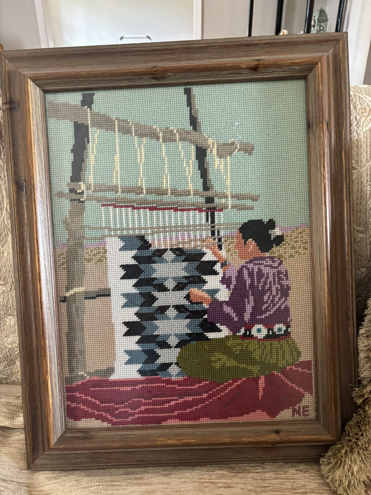 Vintage Professionally Framed Needlepoint Artwork Native American Woman Weaving
