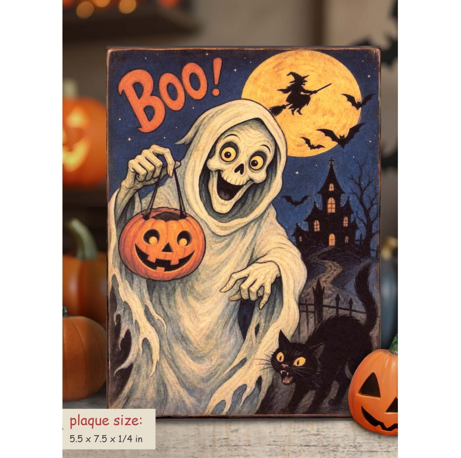 Spooky Skeleton Ghost retro Halloween vintage style shelf sitter sign PL-129