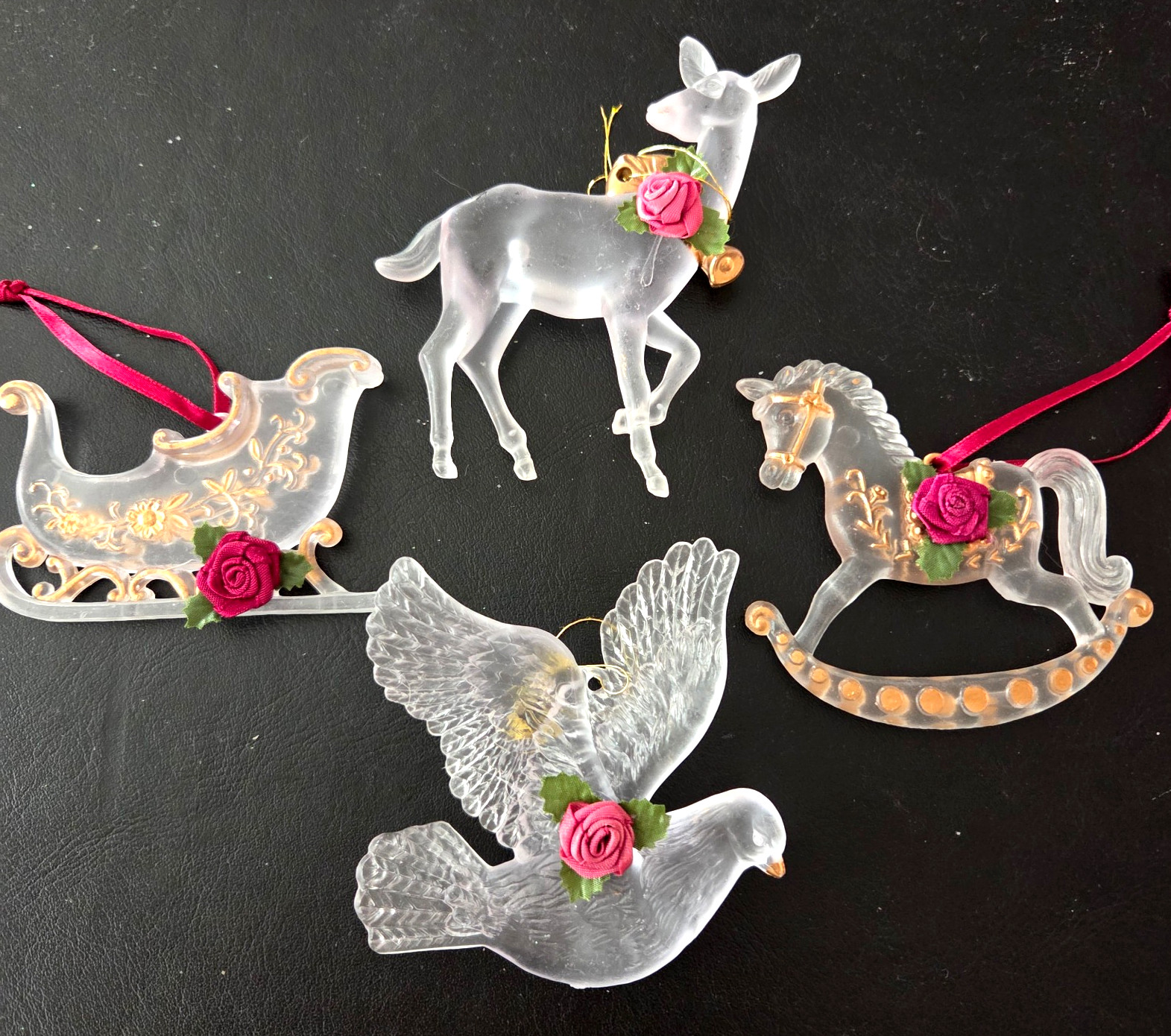 Set of 4 Vtg Victorian Christmas Ornaments Frosted Acrylic Deer Horse Dove Sled