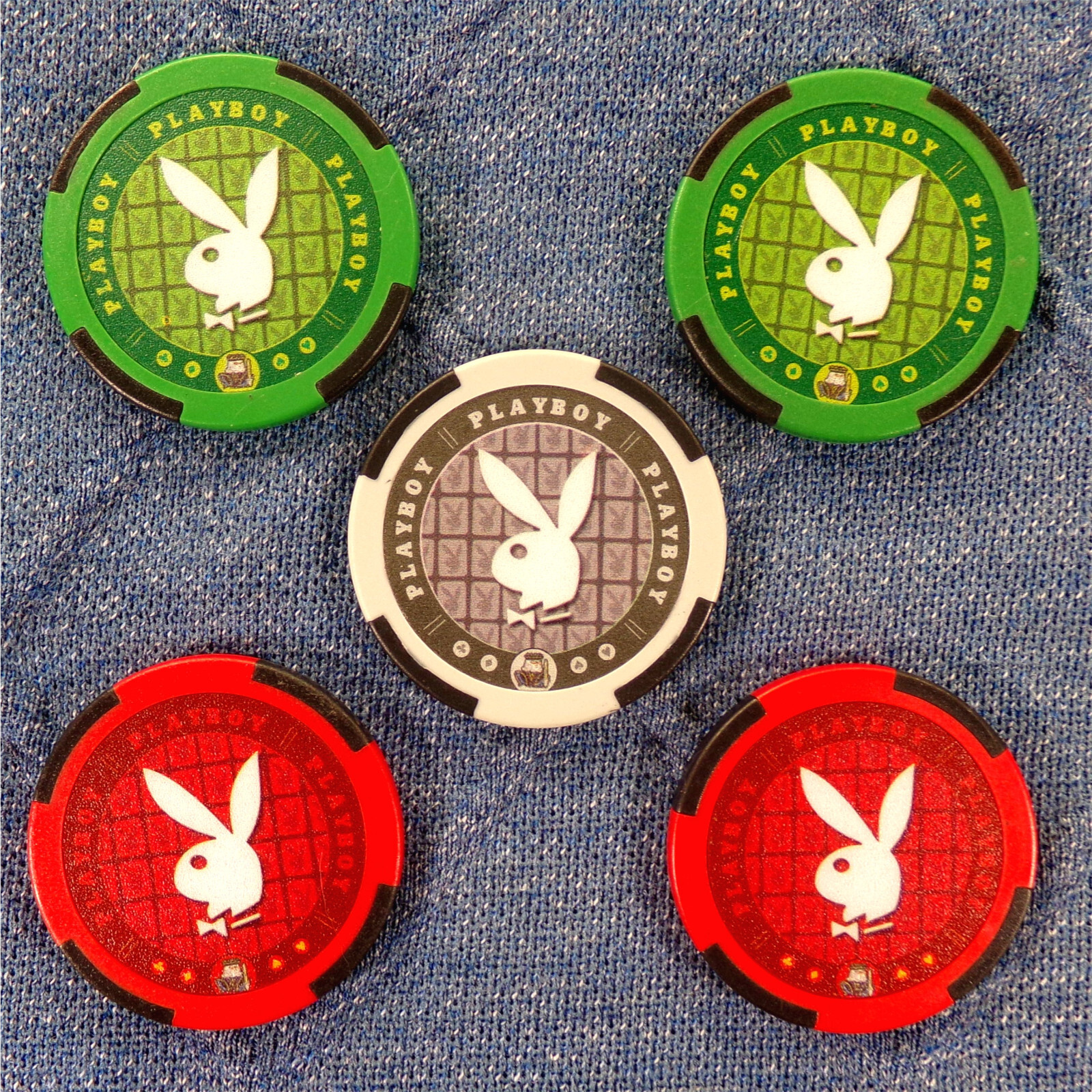 Playboy Poker Chip Lot 5x Vintage Bunny Club Logo Green White Red Heavy Acrylic