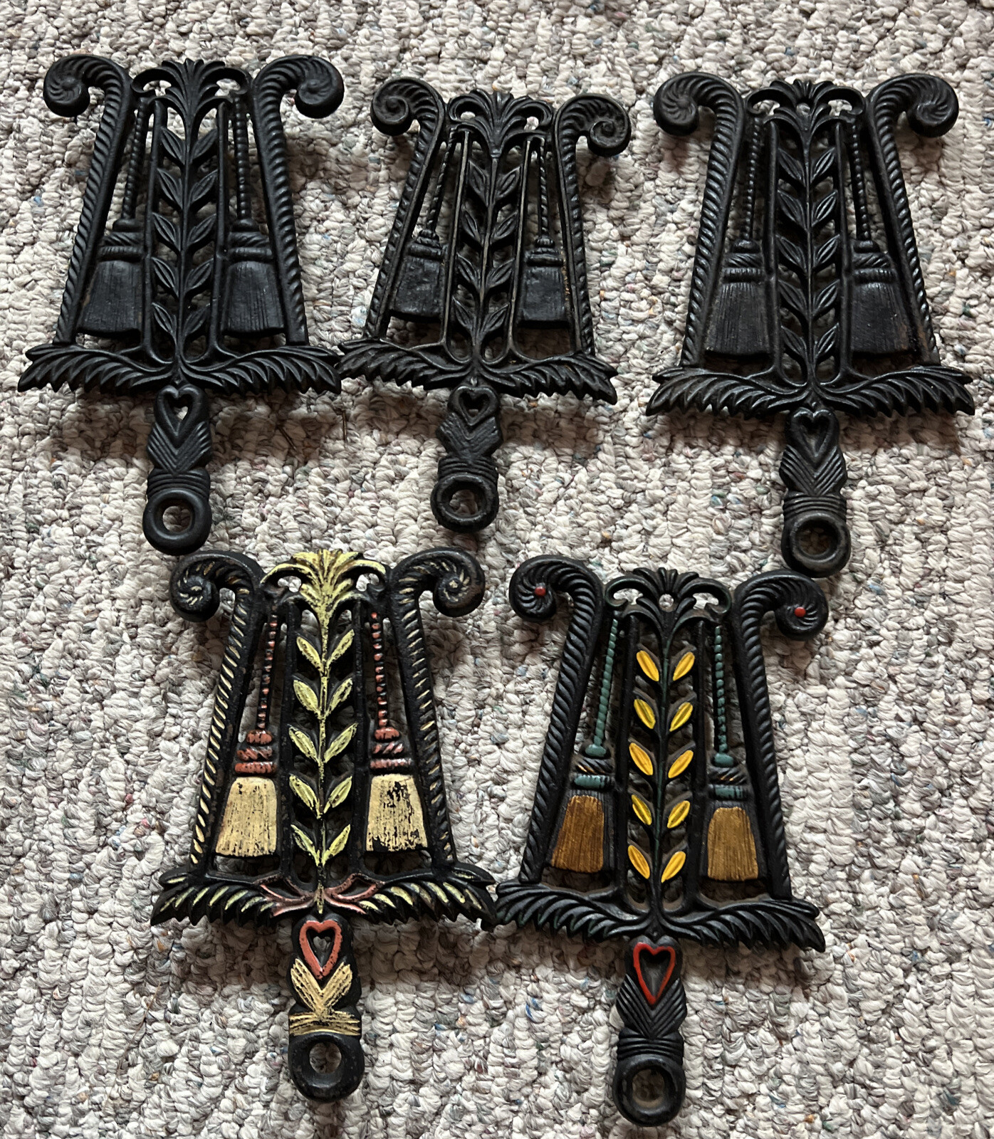 5 Vintage 1951 Cast Iron Trivet Grain & Tassel Design  T-6, Wilton, John Wright