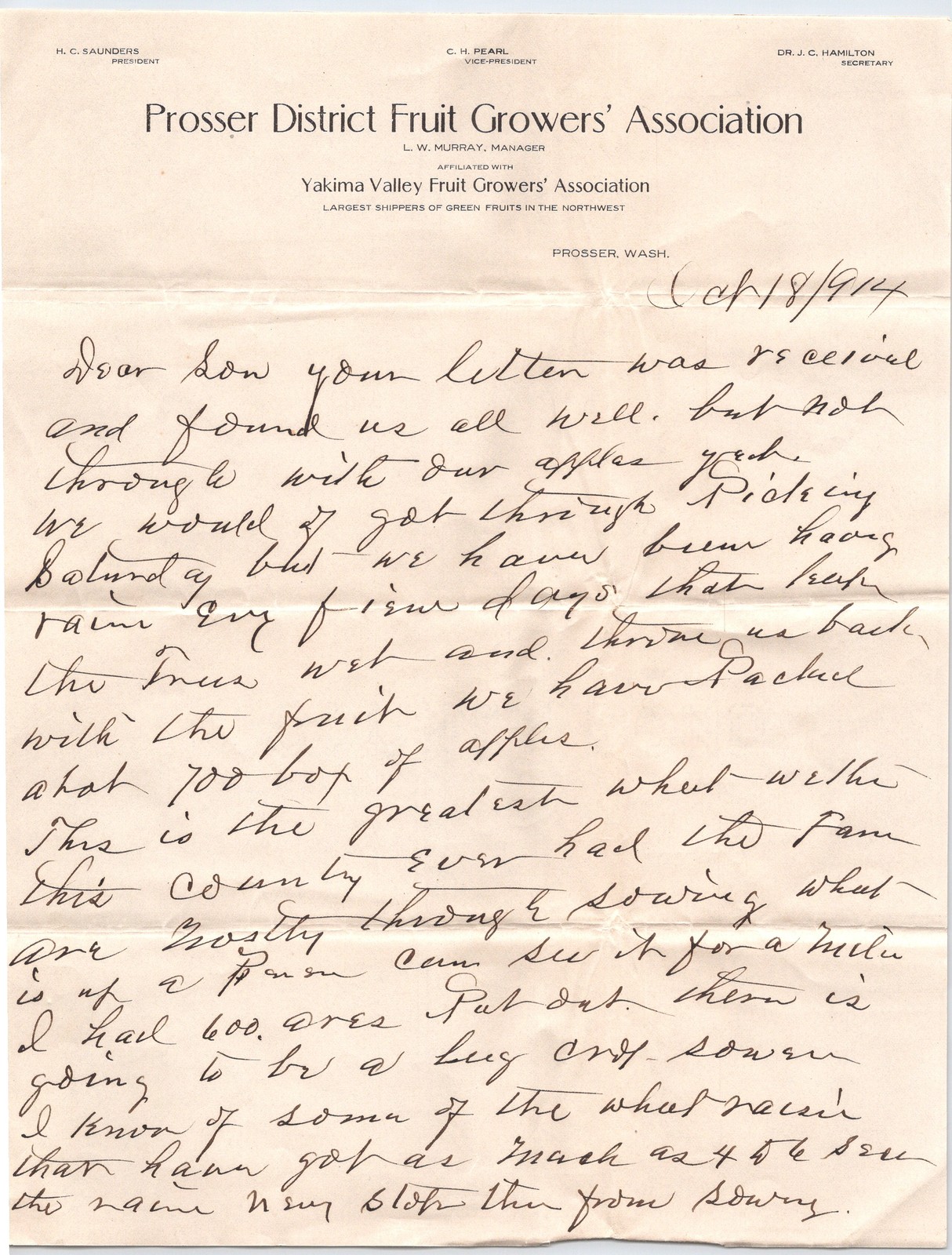 1914 Prosser District Fruit Growers Association WA Letter Yakima Valley Apples