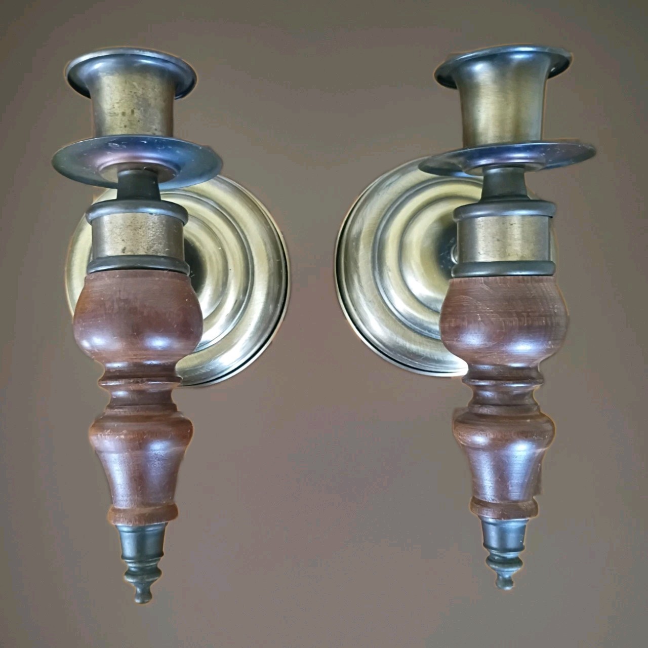 Vintage Pair Wood Brass Wall Sconces Taper Candle Holders Colonial Decor