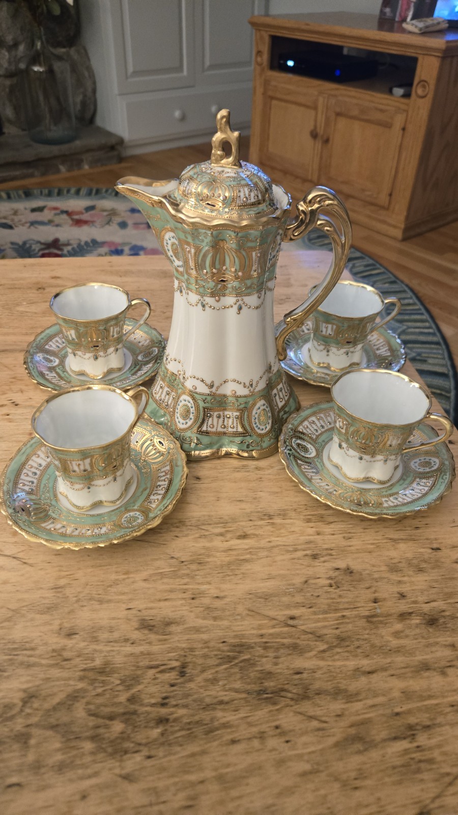 Antique Noritake Nippon Hand Painted Gilded Gold Moriage Beaded Pitcher Antique Noritake Nippon Hand Painted Gilded Gold Moriage Beaded Pitcher
