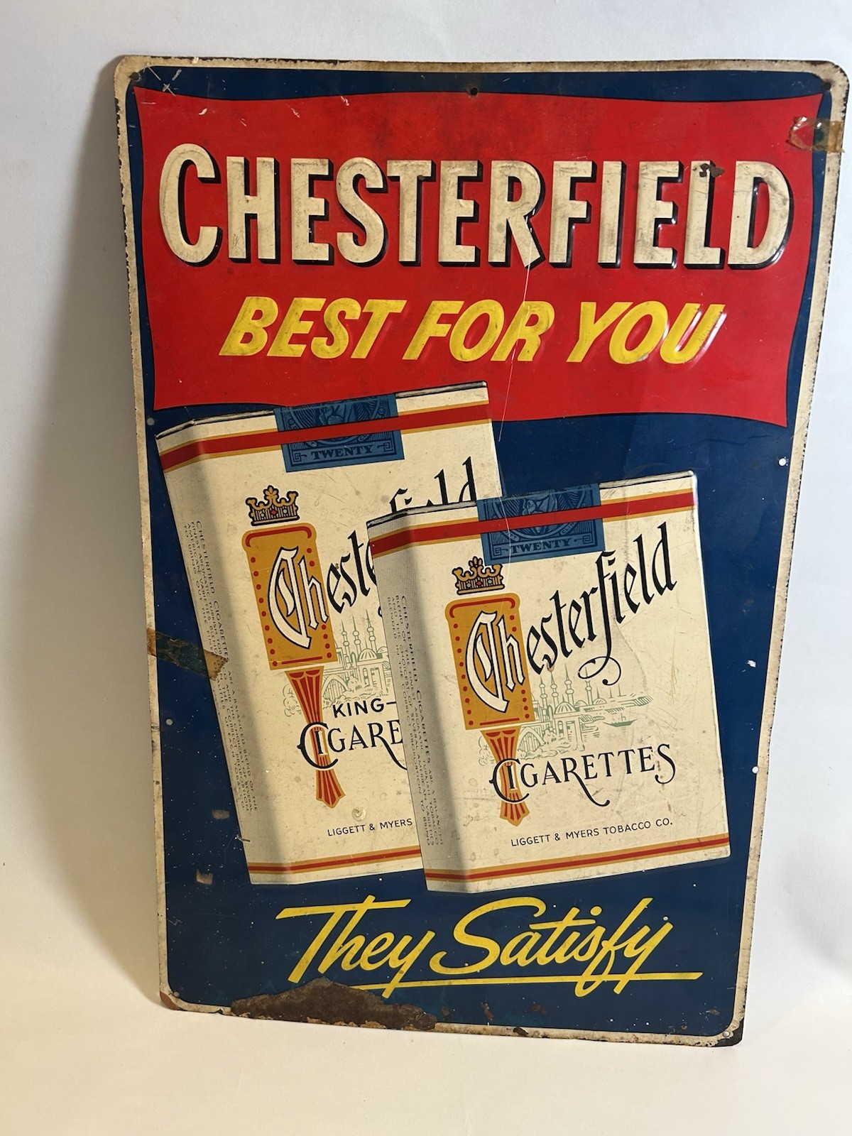 Antique Sign Chesterfield Cigarettes 1950s Metal Tobacco Sign  1950\'s Embossed