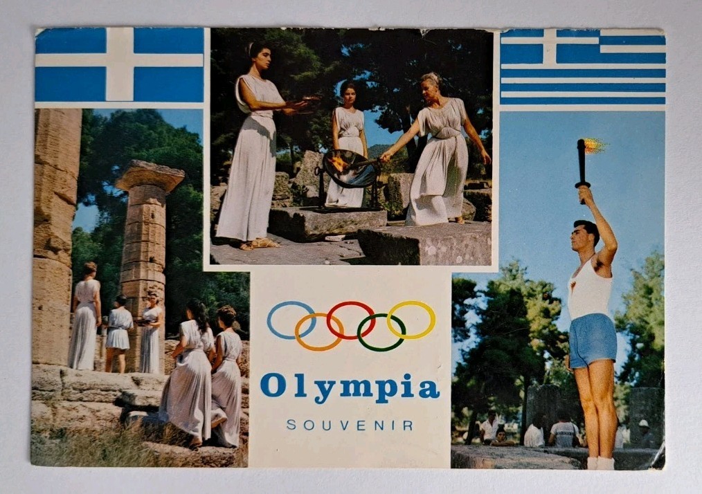 Postcard Lighting of Olympic Flame Olympia Greece Posted RPPC Posted