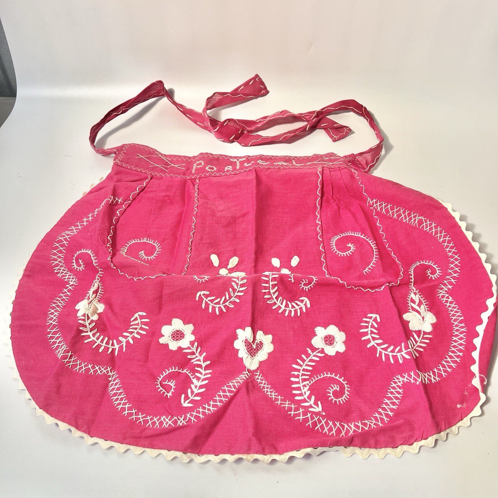 Vtg Handcrafted Apron Portugal Festive Bohemian Stitched Hot Pink