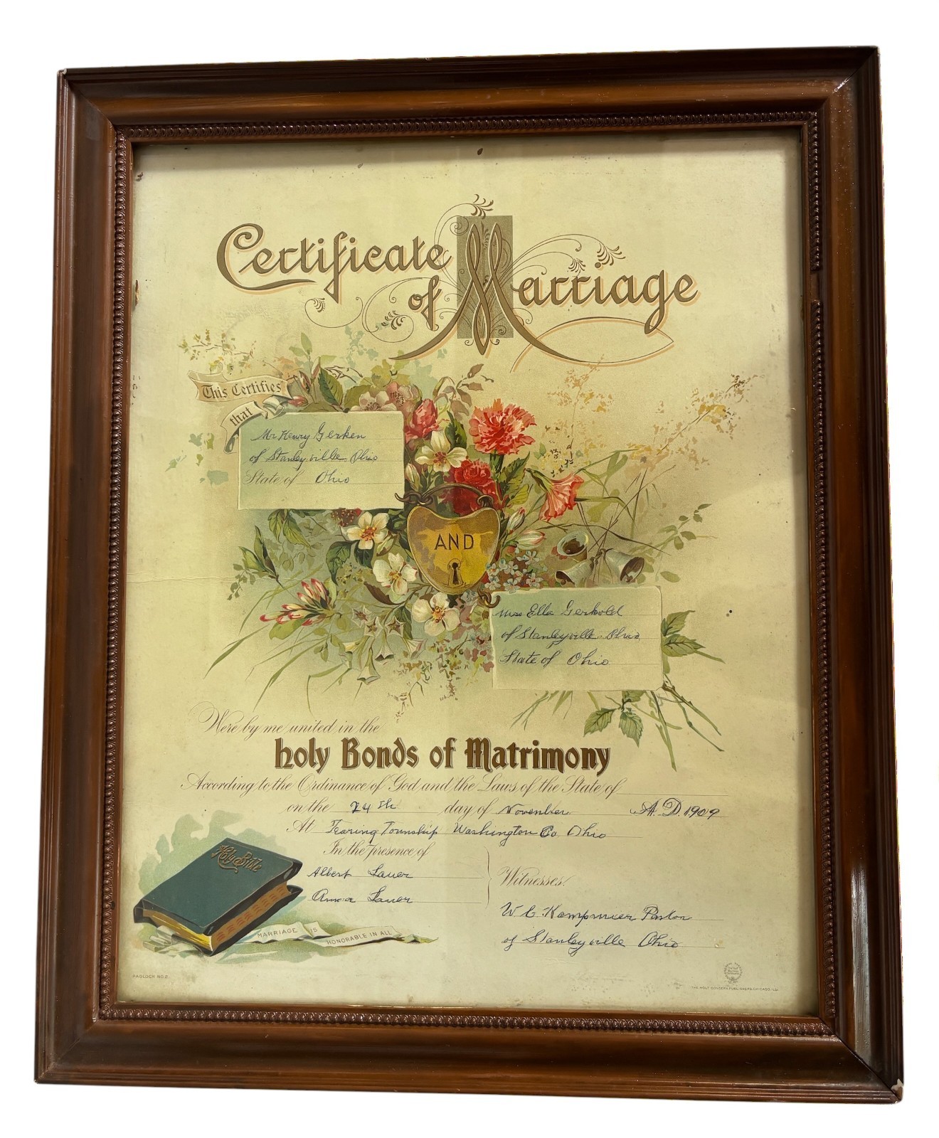 Antique Marriage Certificate 1909 Victorian Ephemera Minnesota- Repaired Antique Marriage Certificate 1909 Victorian Ephemera Minnesota- Repaired
