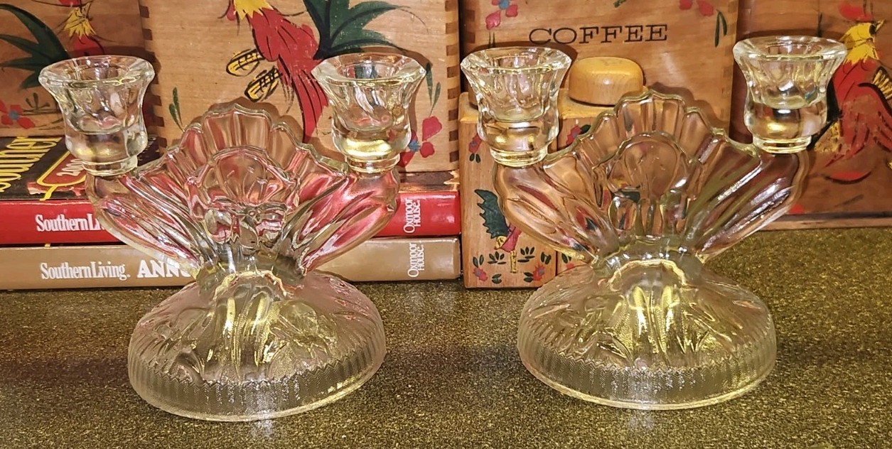 Pair of Jeannette Iris & Herringbone Clear Double Glass Candlestick Holders