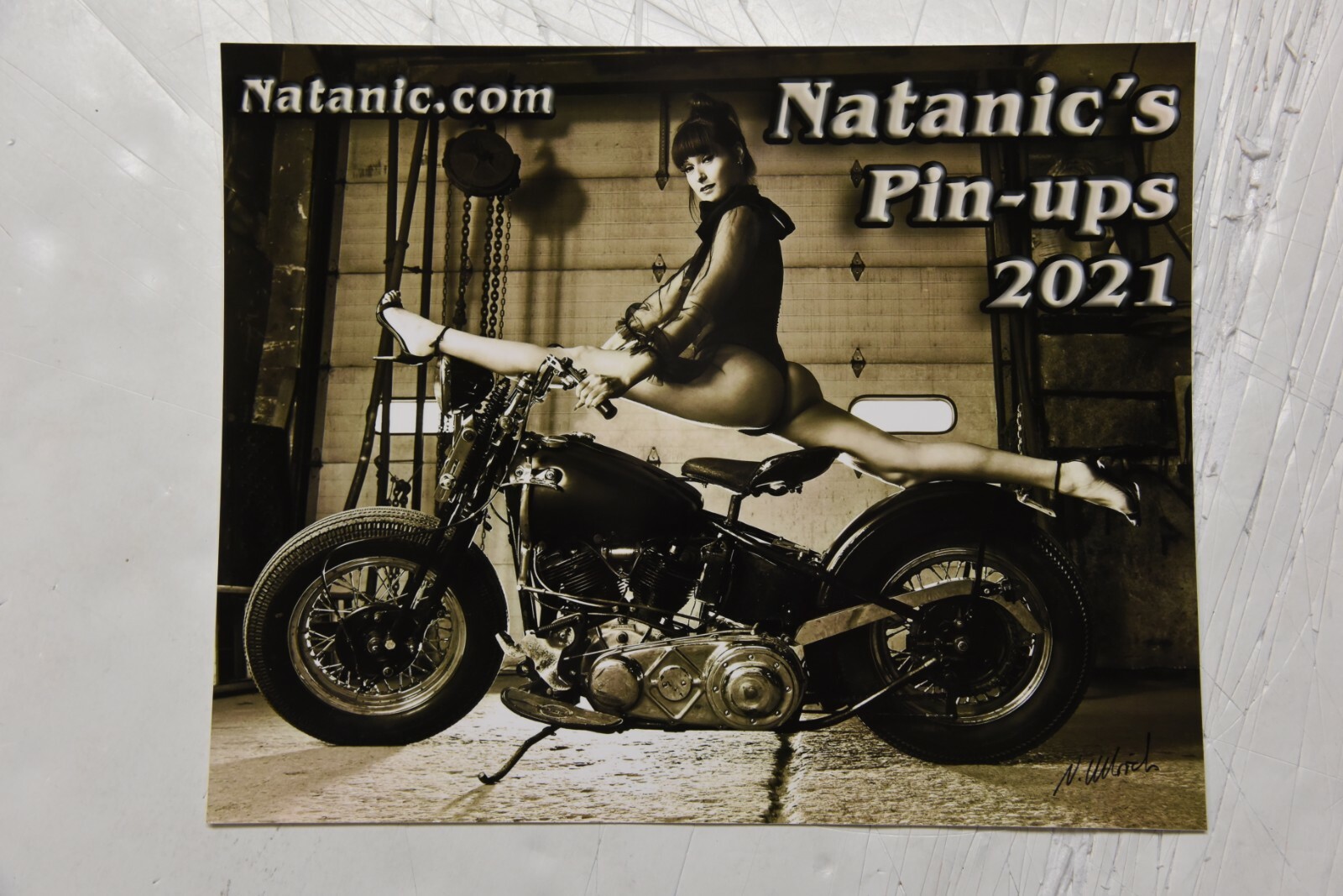 8x10 inch test print of Natanic's Pin-ups biker babe calendar cover - Harley
