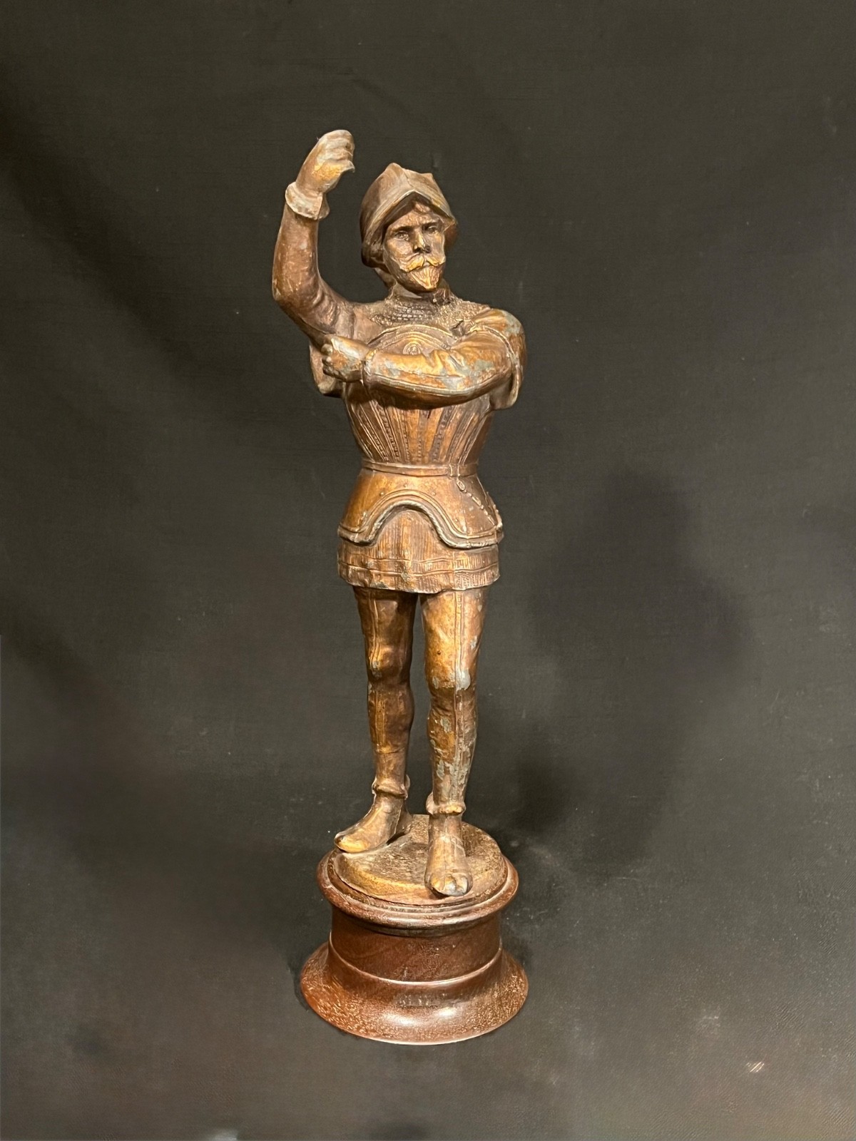 Antique French Spelter Soldier Figure on Wood Base Spanish Infantryman Garniture Antique French Spelter Soldier Figure on Wood Base Spanish Infantryman Garniture