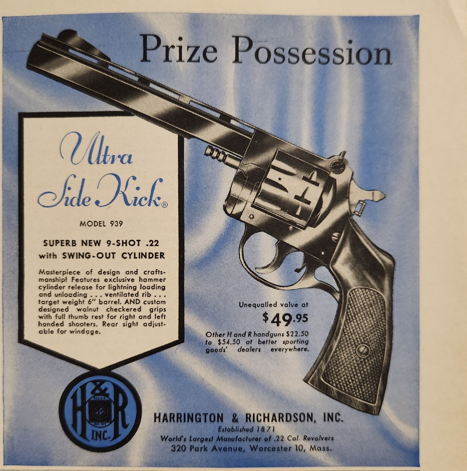 1958 Print Ad H&R Ultra Side Kick 9-Shot Single Action Revolvers Worcester,MA