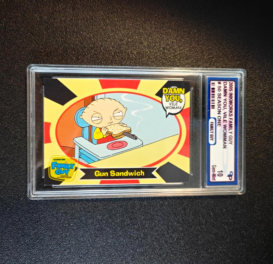 2005 Inkworks Family Guy S1 #50 Gun Sandwich Stewie Griffin PPG Gem Mint 10 Card 2005 Inkworks Family Guy S1 #50 Gun Sandwich Stewie Griffin PPG Gem Mint 10 Card