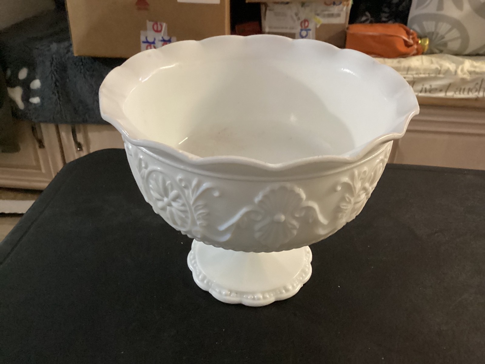 Single Ruffled Top Rim White Milk Glass Pedestal Compote Dish / Bowl