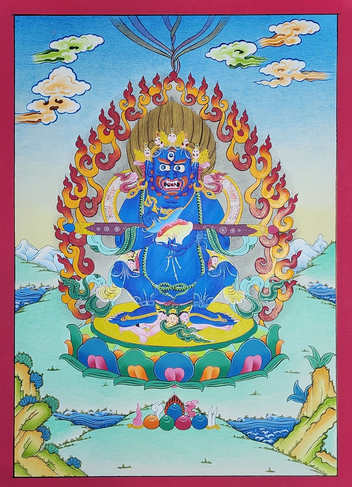 14-Inch Mahakala Two Arms Thangka, Buddhist Traditional Painting, Hand Painted