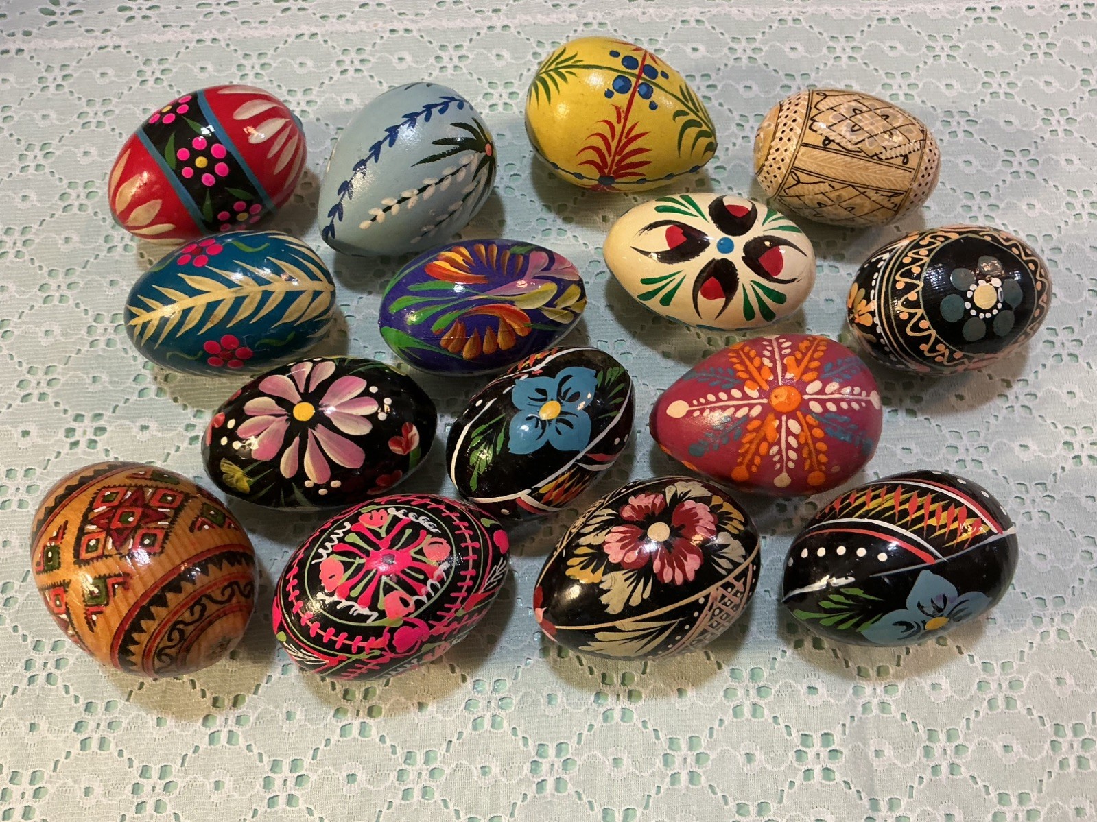 Wooden Hand Painted Ukrainian Pysanky Easter Eggs - Lot of 15 Eggs