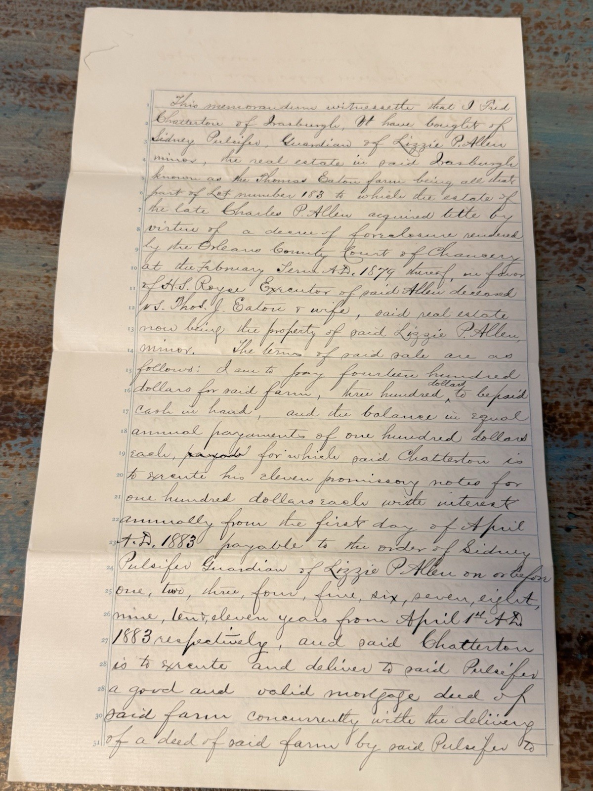 1883 Historical Land Deed Memorandum - Irasburgh Vermont - Thomas Eaton Farm