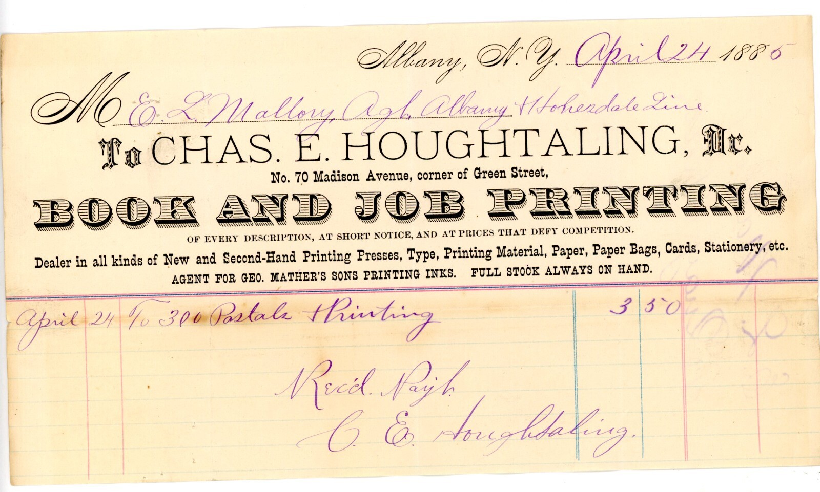 1886 receipt Chas E Houghtaling Book Printing E L Mallory Letterhead Albany NY