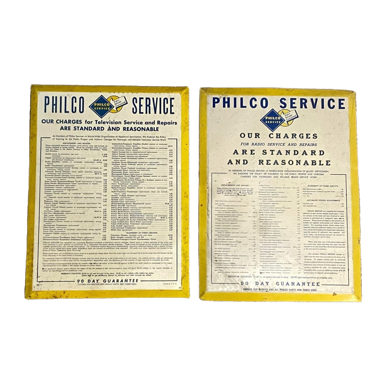 Vintage Philco Radio Service Price Charts Set of 2 Advertising Permanent Sign Co