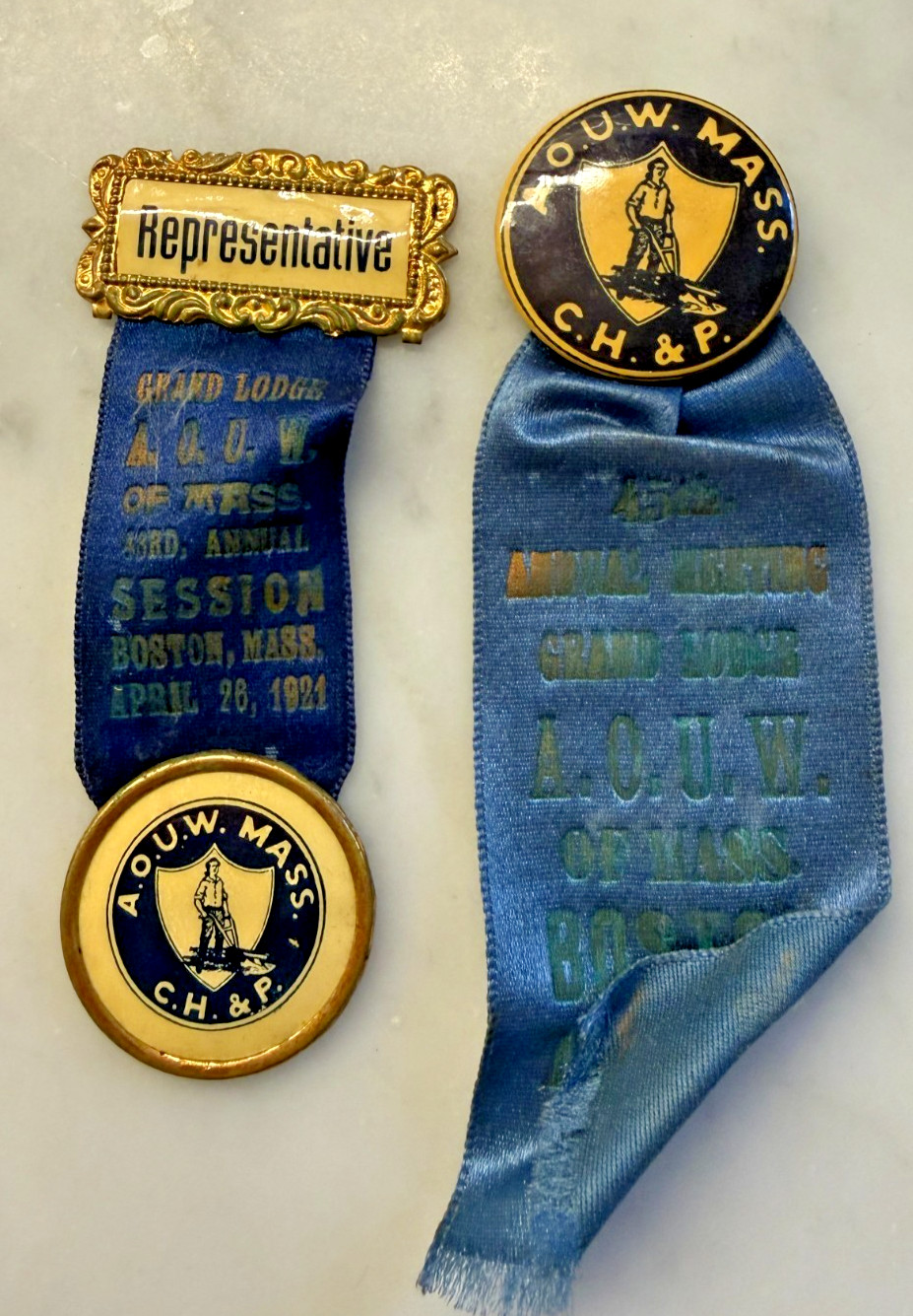 Antique AOUW Massachusetts Badges 1901 1904 Boston Fraternal Ribbon Medals