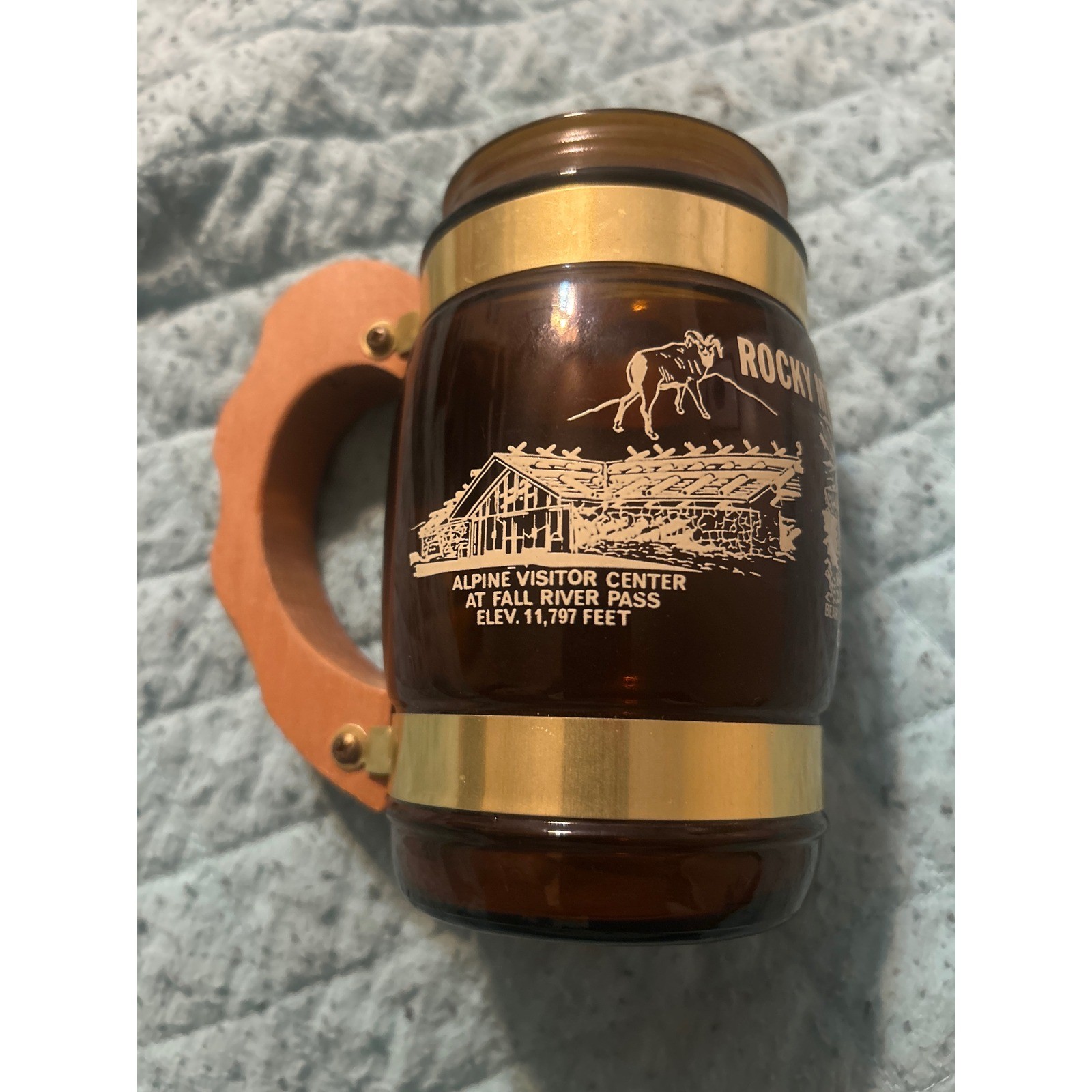 Vintage Siesta Ware Rocky Mountain National Park Amber Glass Mug Wood Handle CO