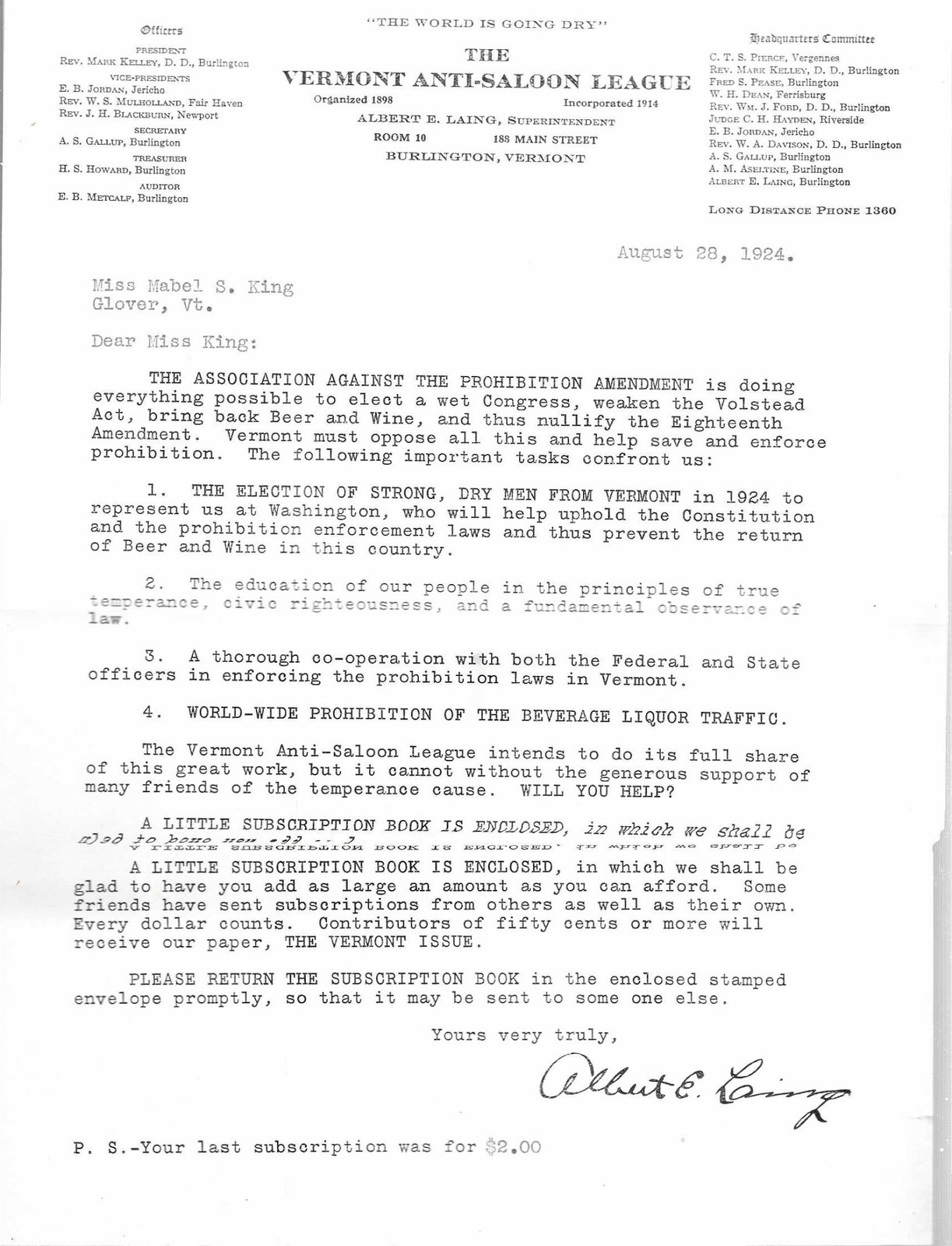 Vermont Anti Saloon League 1924 Letter & Broadvide Constitutional Amendment
