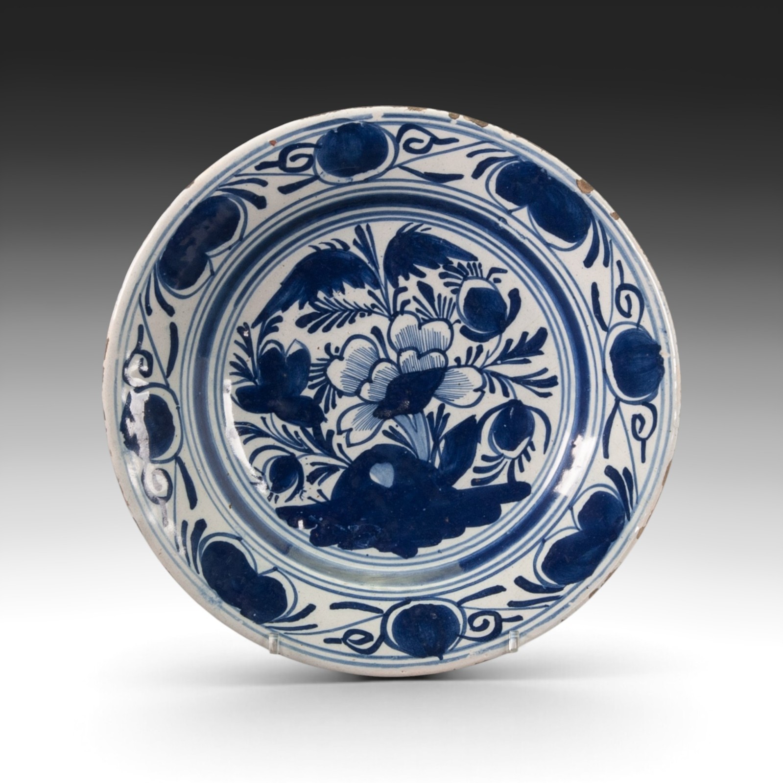 Antique Dutch Delft Blue & White Plate, Late 18th ct, Hand Painted Floral Decor.