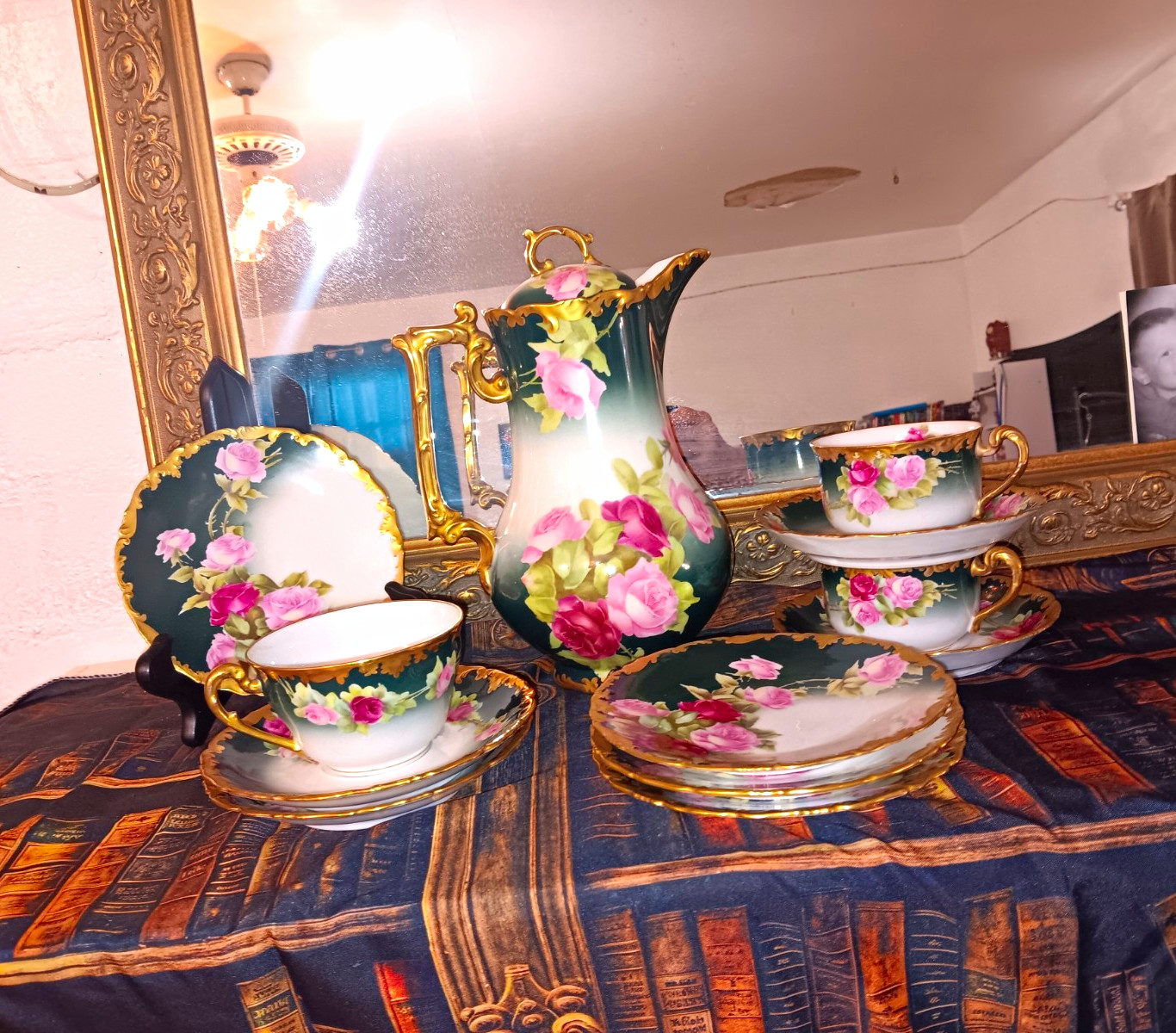 Antique T&V Limoges France Porcelain Chocolate Tea Set Signed Vogt Grn Rose 12pc