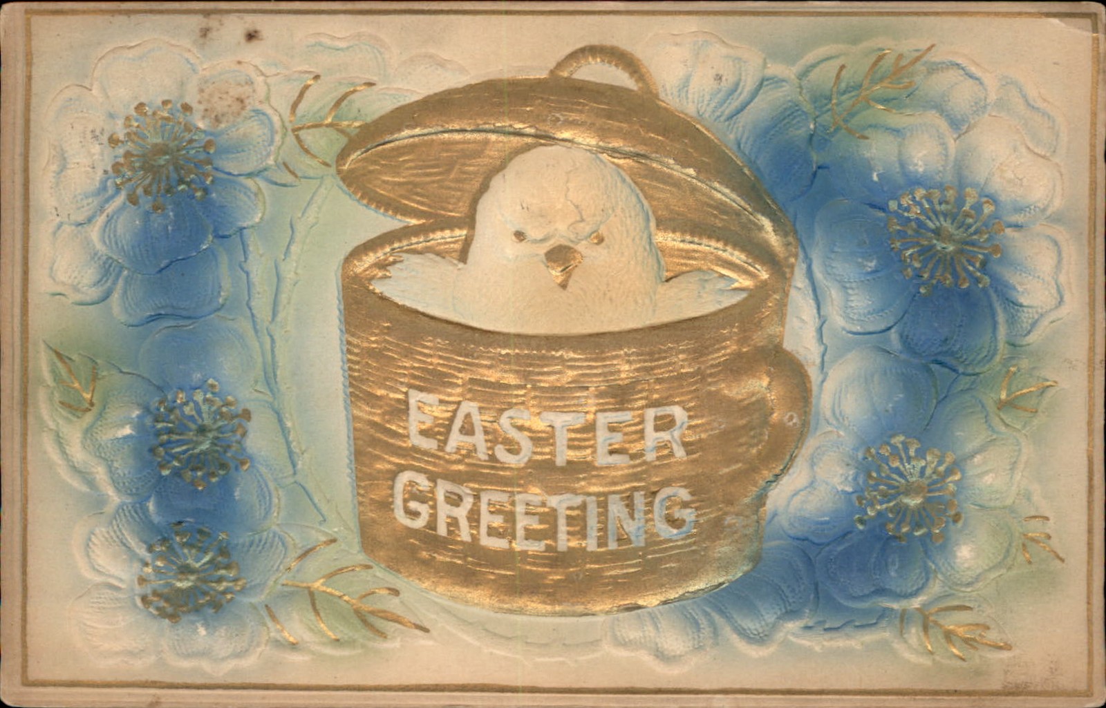 Easter Chick in Easter Basket Animals Embossed, Gilt c1900s-10s Vintage Postcard