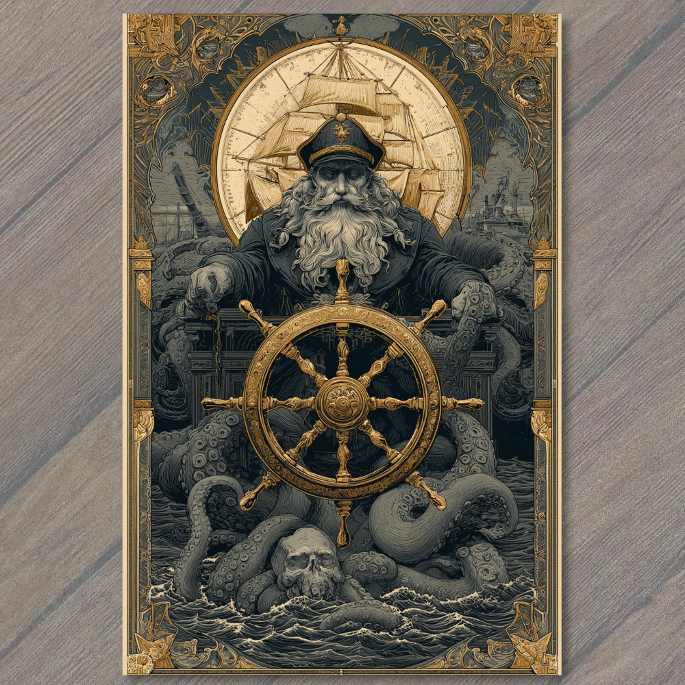 POSTCARD Sea Captain At Helm Golden Wheel Kraken Tentacles Nautical Storm Skull POSTCARD Sea Captain At Helm Golden Wheel Kraken Tentacles Nautical Storm Skull
