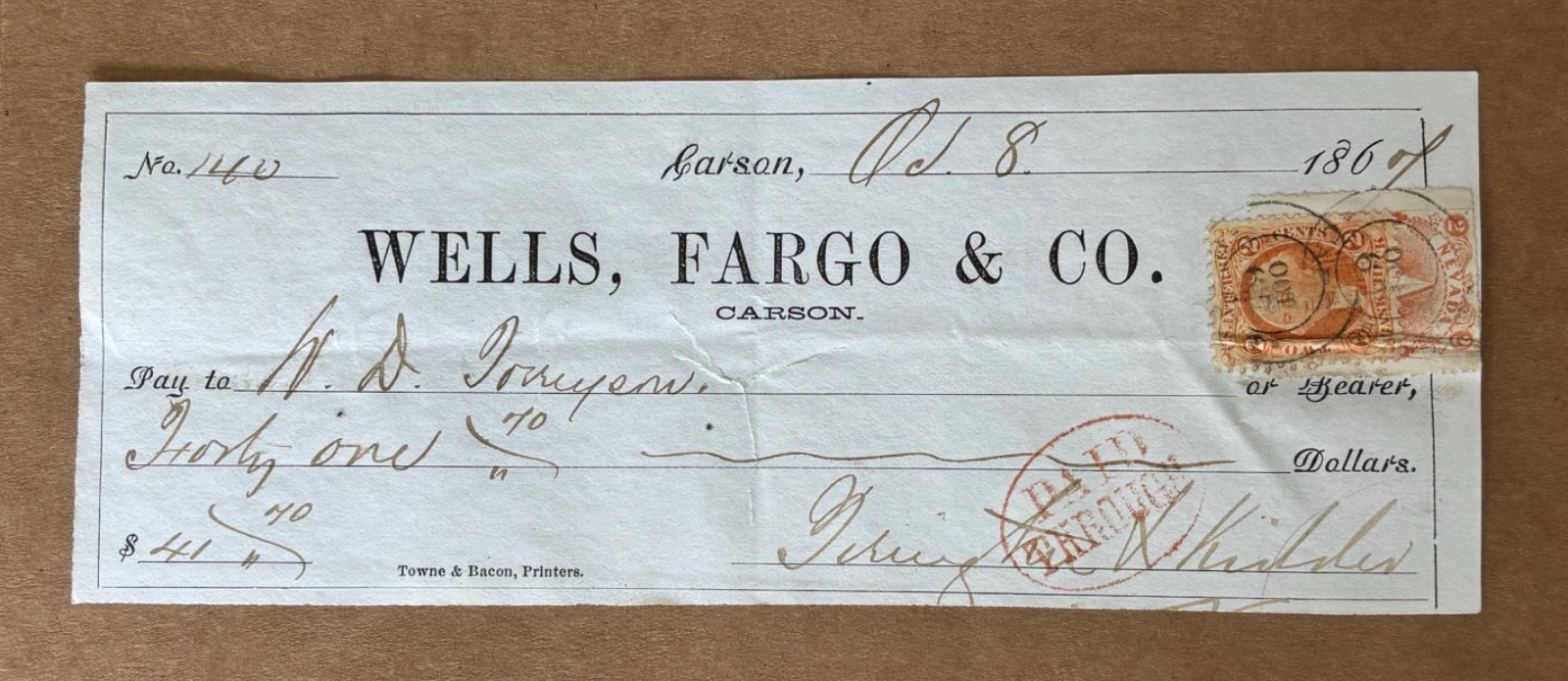 1867 Carson City Nevada NV Revenue Stamp Wells Fargo Check H M Yerington Kidder
