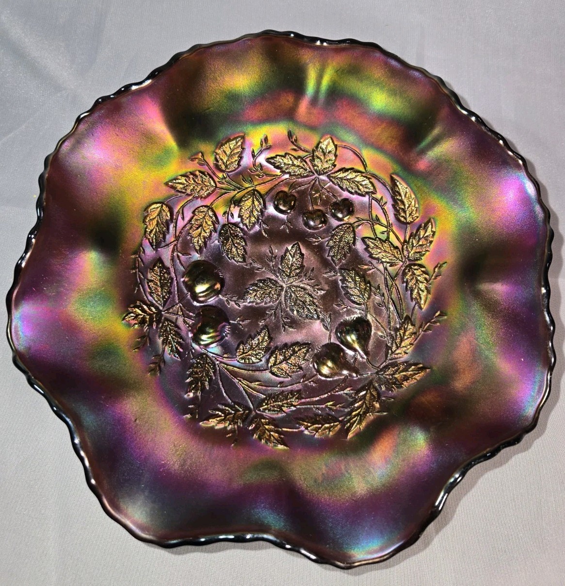 Antique Northwood Carnival Glass Bowl Footed Three Fruits Meander Spatula 