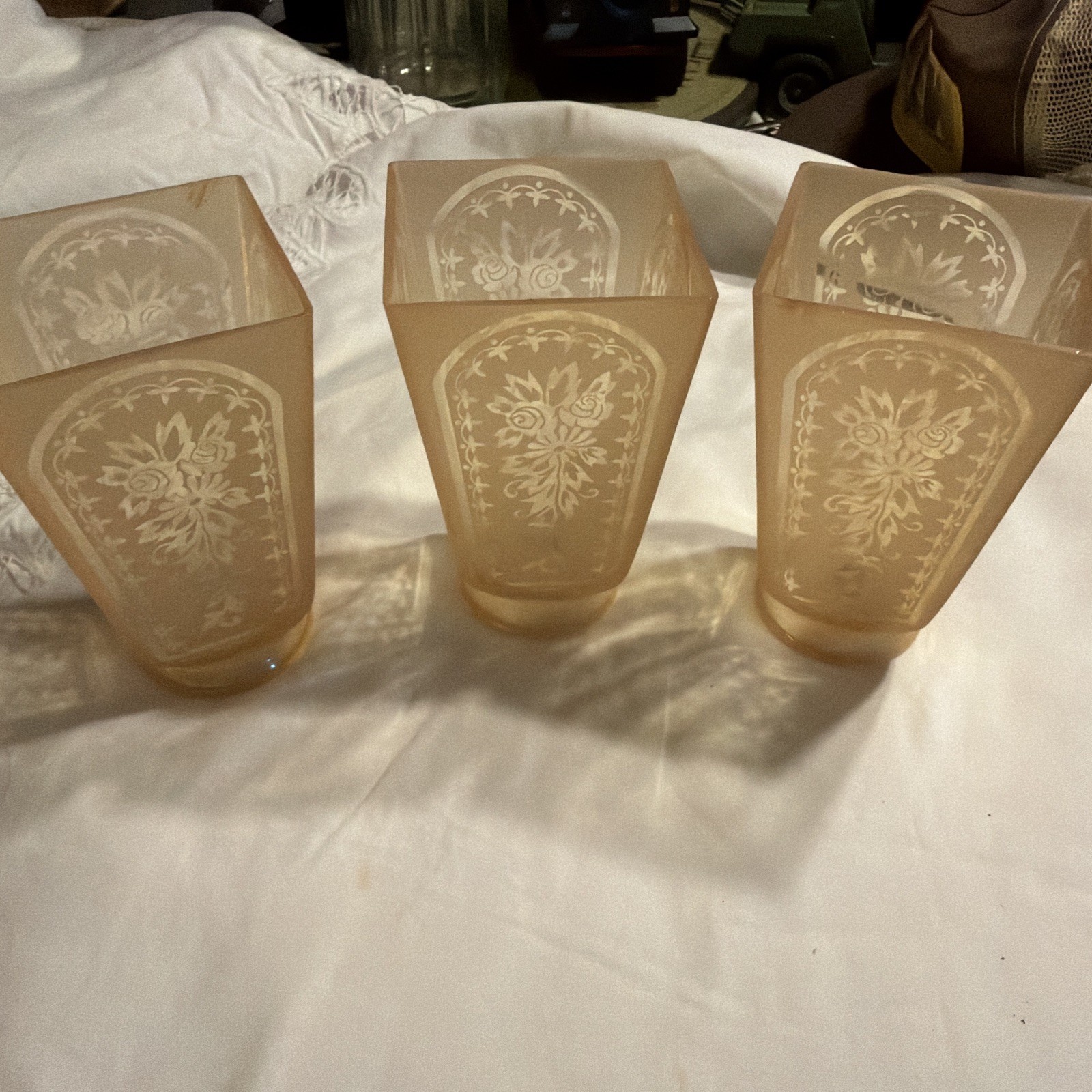 Antique Art Deco 3/Ceiling ,Chandelier ,Lamp ,Amber Etched Glass  Shade 2 1/4\