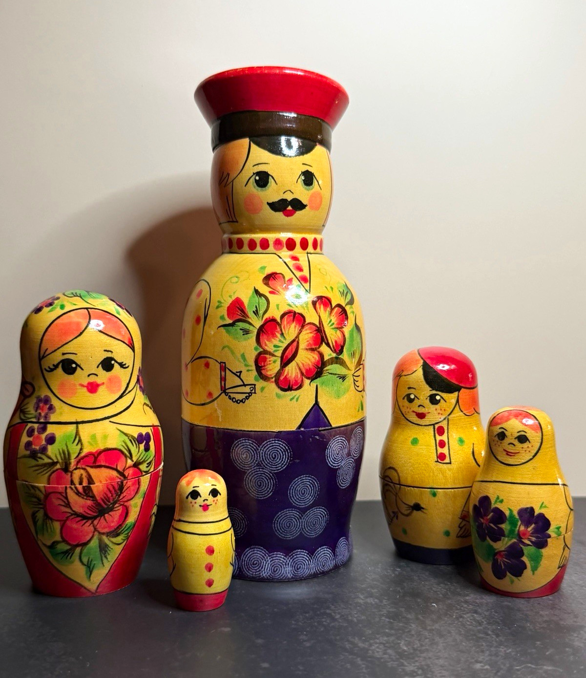 Vintage Russian Nesting Dolls 5pc Set Rare Male Vyatka USSR Soviet Matryoshka 7” Vintage Russian Nesting Dolls 5pc Set Rare Male Vyatka USSR Soviet Matryoshka 7”