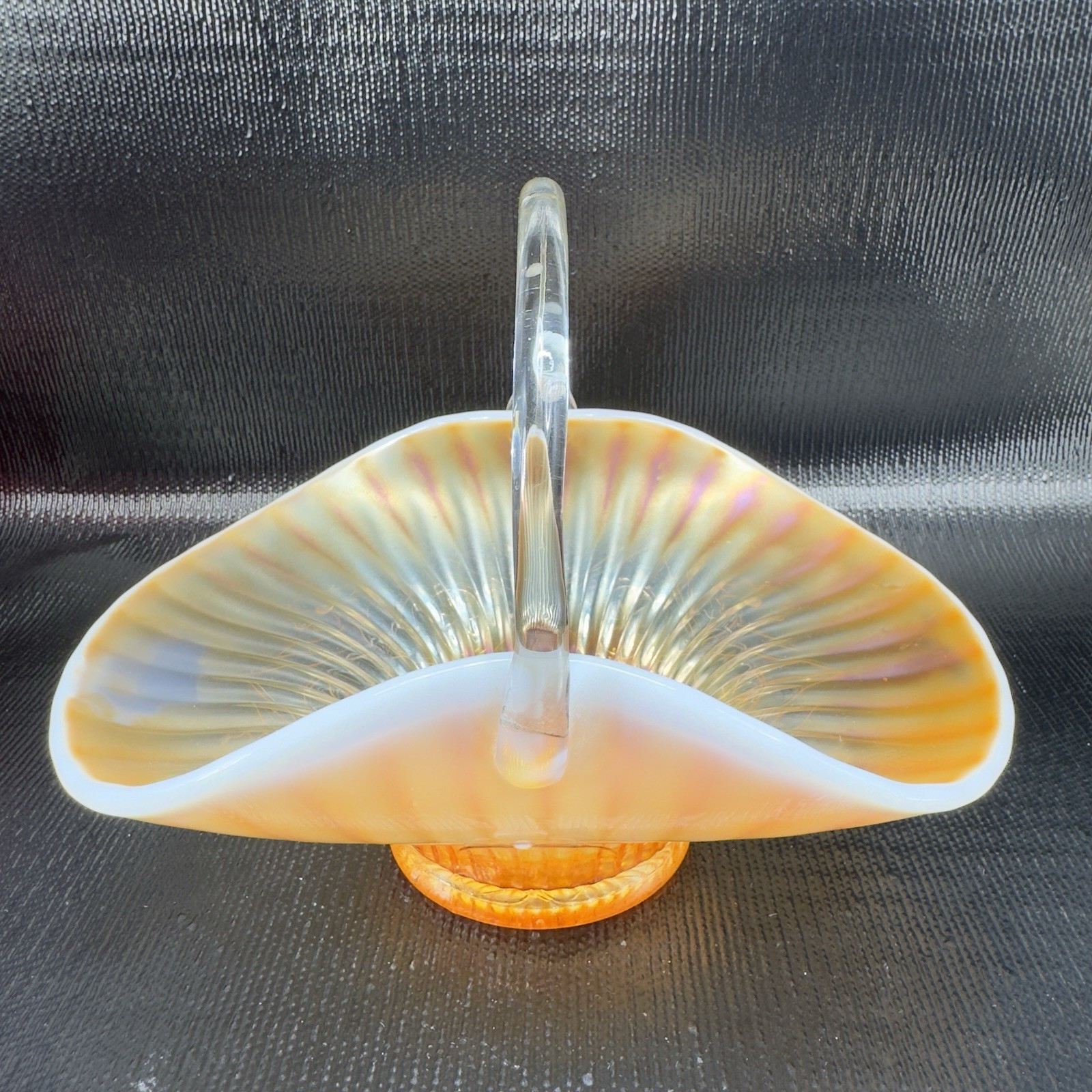 Dugan Caroline Peach Opal Opalescent Carnival Glass Handled Basket Bowl Antique