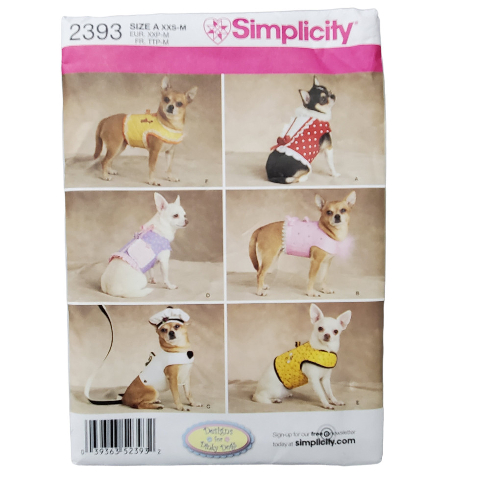 Simplicity 2393 Dog Clothes Jacket Trim Variations Size XXS-Med Dogs Canine Pet