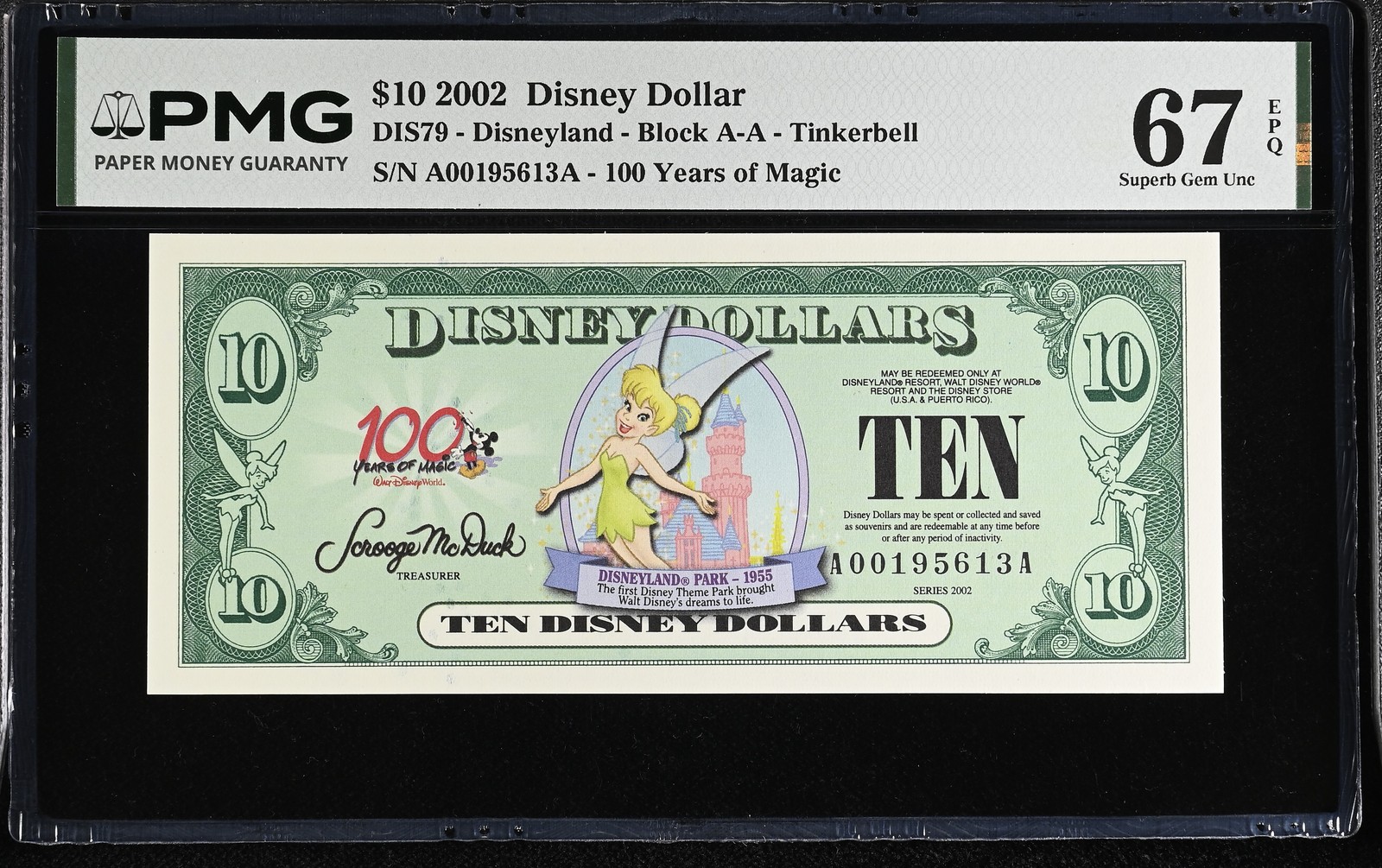 (High Grade) 2002 AA Series Tinkerbell Disney Dollar - PMG 67 Superb Ge